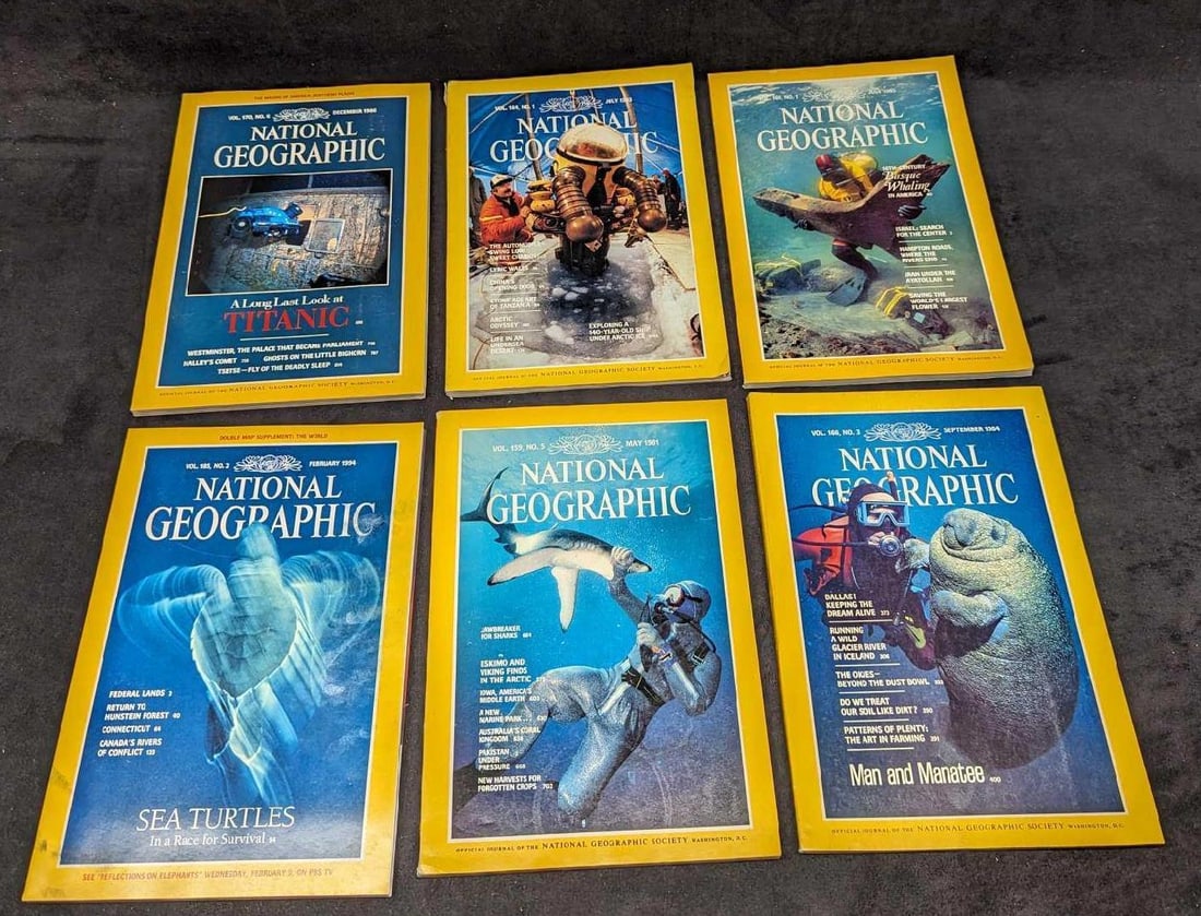 6 1980s 1990s National Geographic Magazines N: 6 1980s 1990s National Geographic Magazines N. This lot includes: (1) July 1983 - Exploring A 140-Year-Old Ship Under Arctic Ice. (1) July 1985 - 16th Century Basque Whaling In America.