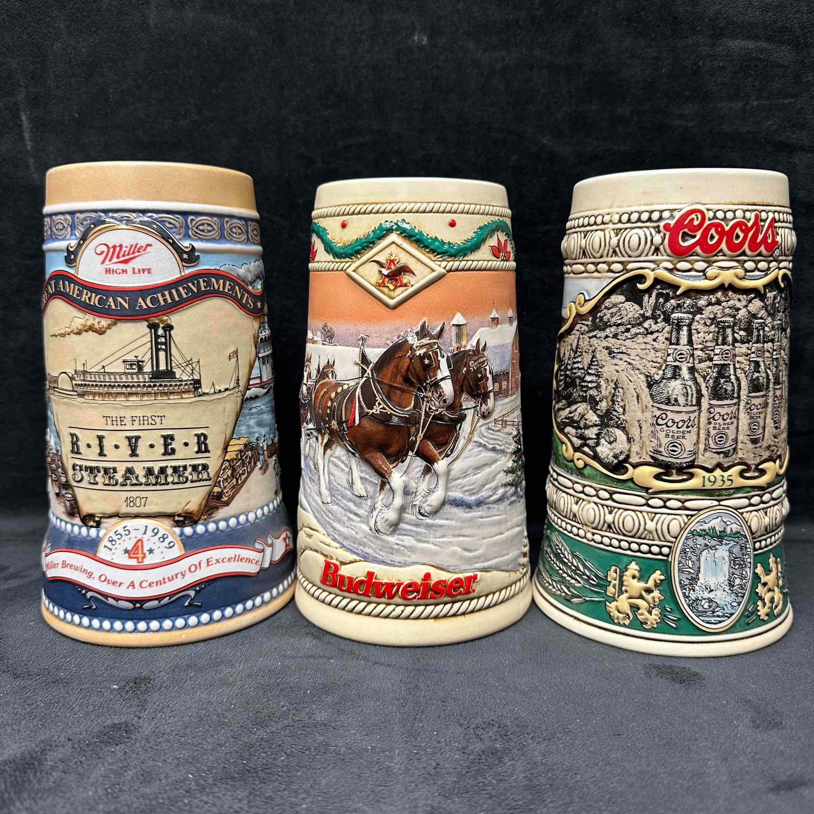 Vintage American Beer Steins Miller Budweiser Coors Collector Series Set: Breweriana Collector beer steins. No breaks, chips, or cracks noticed. These items are in good pre-owned, previously displayed condition with light wear, and surface scratches. Please reference all