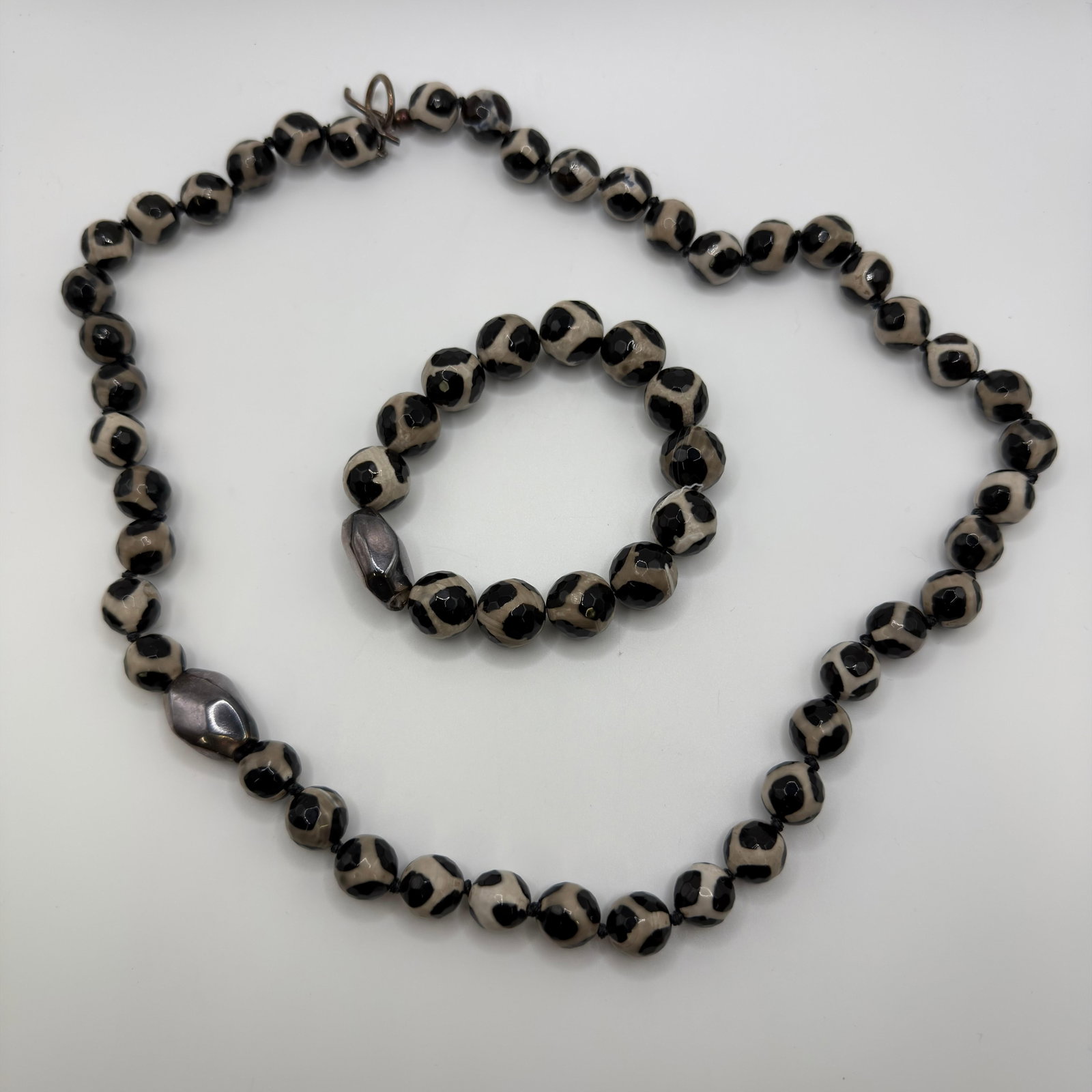 Simon Sebbag Designs Faceted Black Cream Stone Bead Necklace and Bracelet Set Sterling Accents (1 of 8)