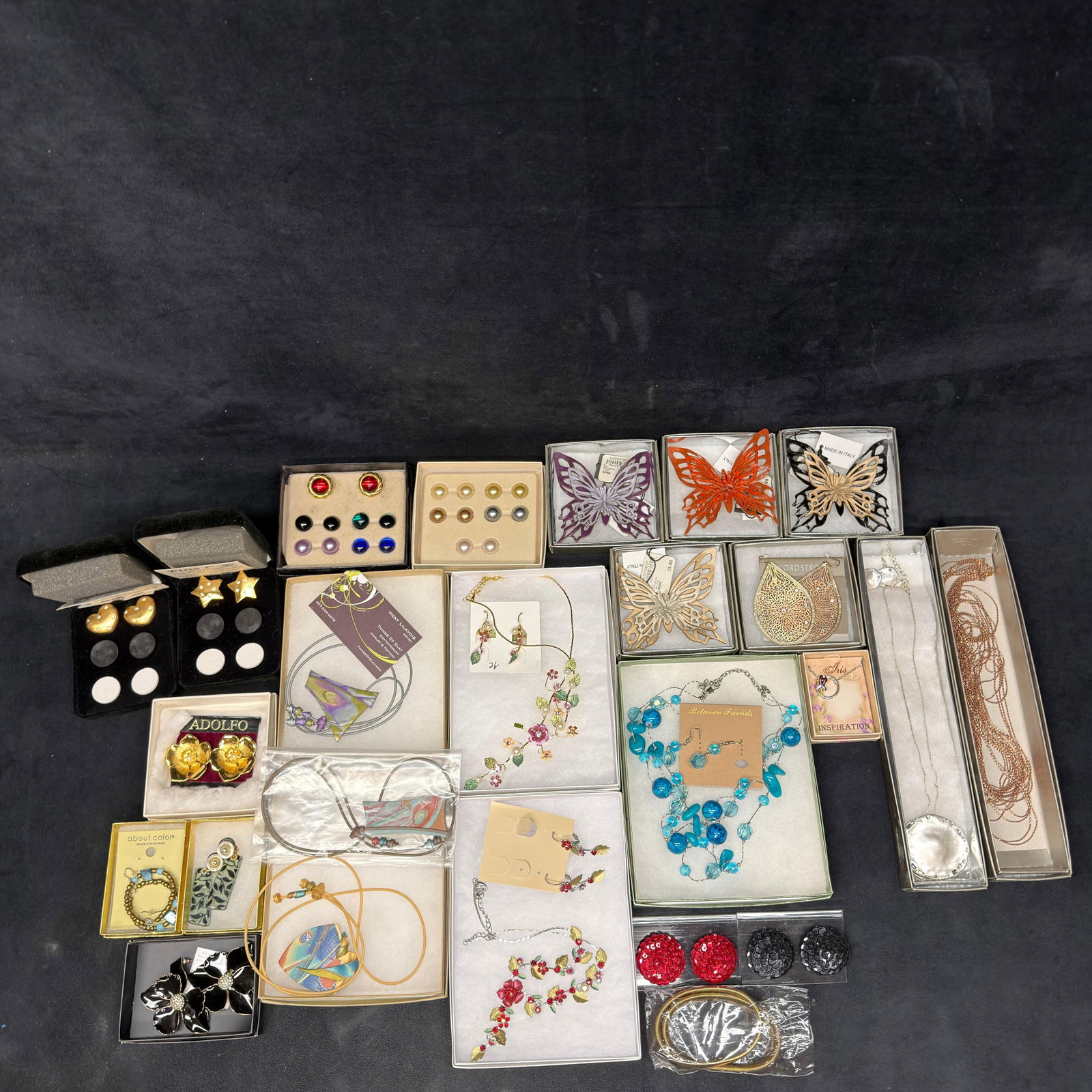 Large Assorted Costume Jewelry Including Kenneth Jay Lane: Group of assorted costume jewelry including Kenneth Jay Lane (KJL) pieces, butterfly brooches from Nordstrom, necklaces, earrings, pendants, bracelets, and signed fashion jewelry by makers including A