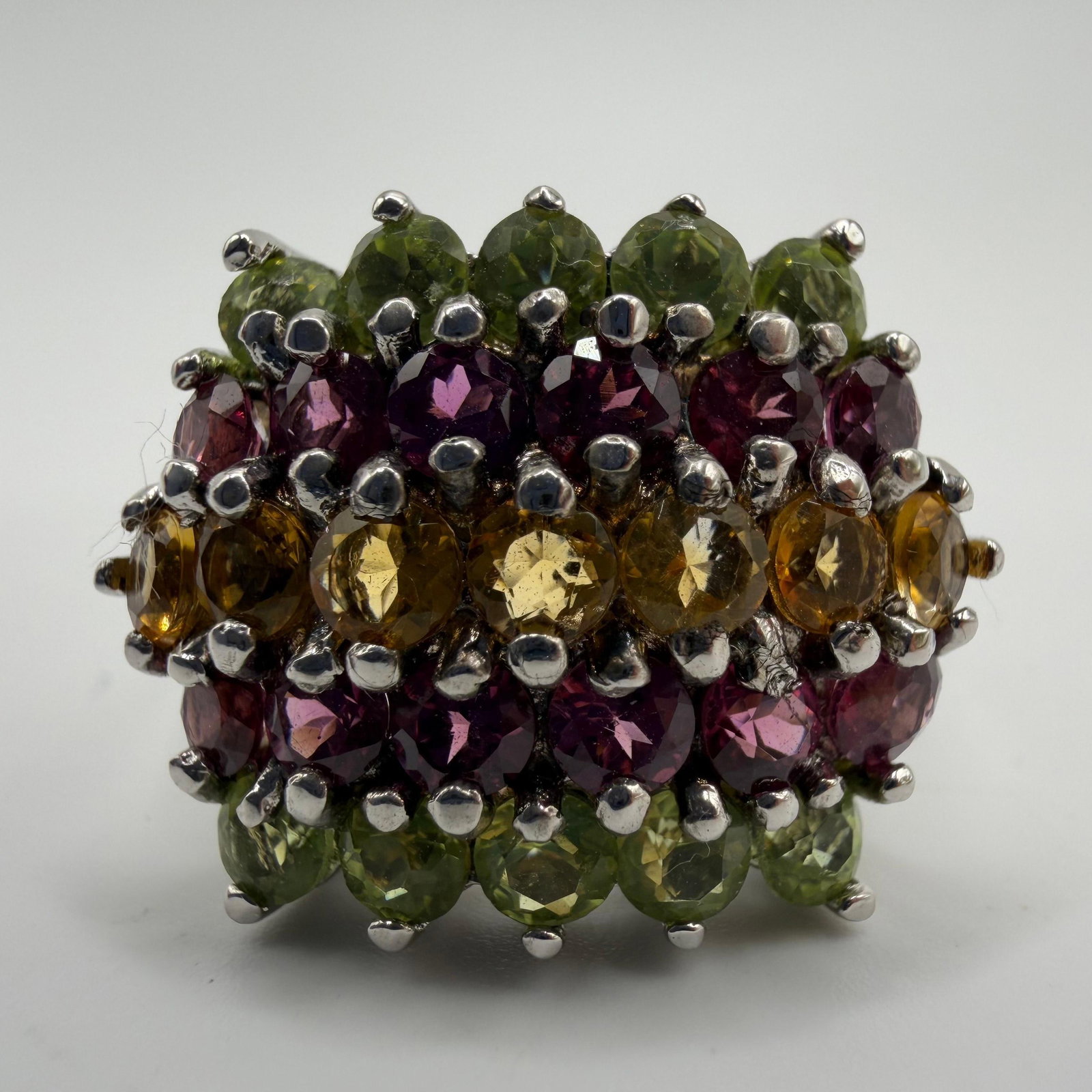 Multi Gemstone Band Design Sterling Ring Tourmaline Citrine: This item is in pre-owned, previously used/displayed condition with noticeable light wear and surface scratches. Please reference all photos for full details. This piece of jewelry has been tested and
