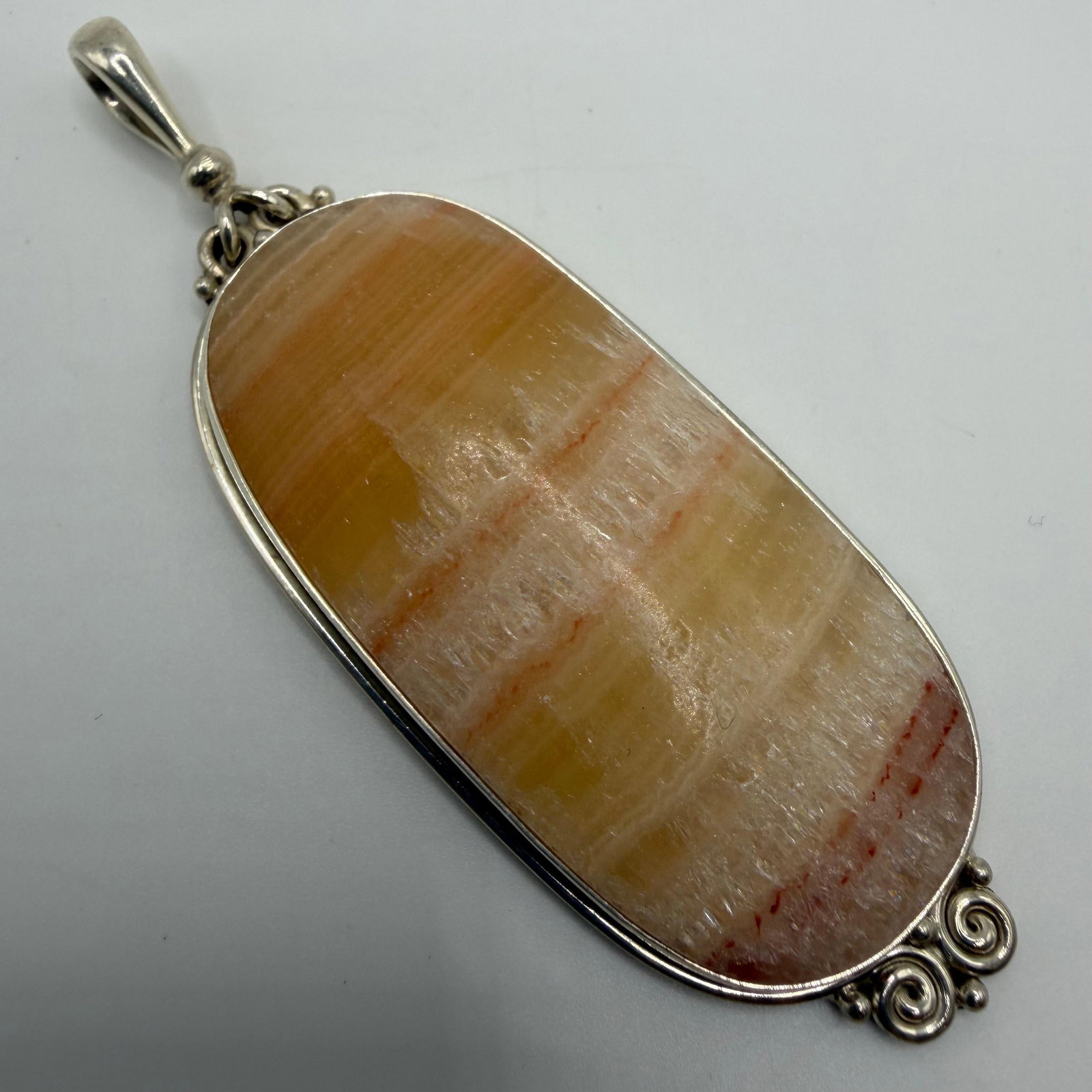 Sajen 925 Sterling Silver Pendant Banded Aragonite Calcite Striped Stone Large