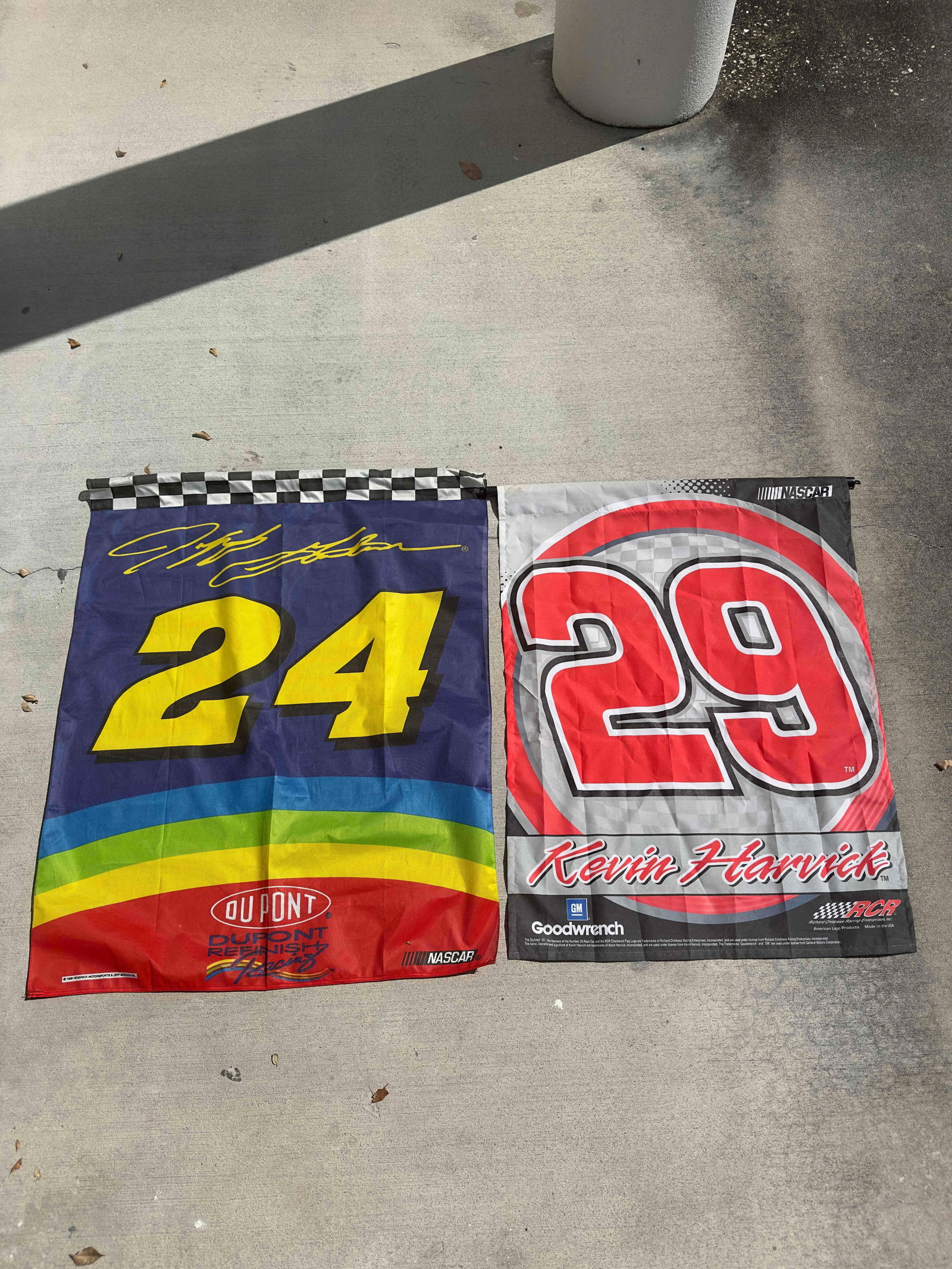 NASCAR Jeff Gordon Dupont Kevin Harvick Goodwrench Souvenir Flag Set: NASCAR Jeff Gordon Dupont Kevin Harvick Goodwrench Souvenir Flag Set. This set includes NASCAR souvenir flags featuring Jeff Gordon 24 Dupont and Kevin Harvick Goodwrench 29. One flag includes wood ro