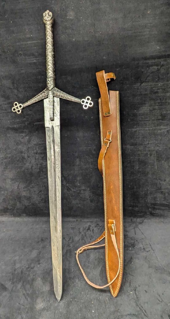 MHS Cutlery Fantasy Steel Sword With Leather Scabbard G: MHS Cutlery Fantasy Steel Sword With Leather Scabbard G. This is approx 10 7/8" x 2 x 38 1/8" and it weighs 4lbs. Has an Damascus printed design over the steel.Please see the images as they are part o