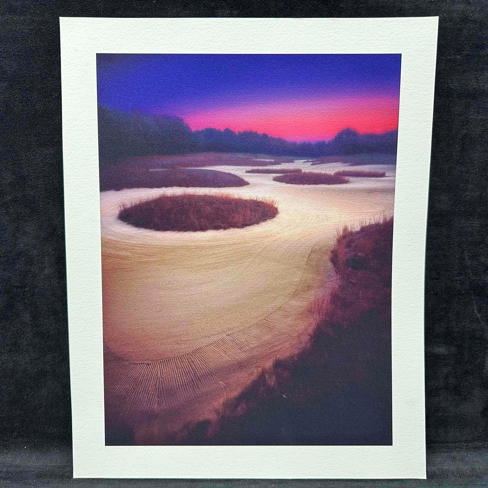 Golf Course Bunker Landscape at Sunset High Quality Lithograph Print GC6: High-quality lithograph print featuring a stunning golf course landscape at sunset, highlighting a series of sculpted sand bunkers and rich, deep colors in the sky. Printed on textured, heavyweight pa