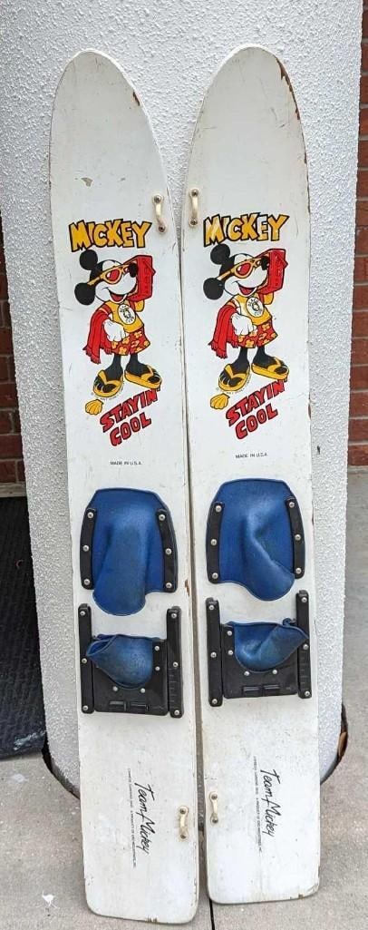 Disney Cypress Gardens Mickey Mouse Water Skis: Disney Cypress Gardens Mickey Mouse Water Skis. Each ski is approx 6 3/8" x 4" x 45 1/2" and together they weigh 8lbs. The wooden water skies are in good, well-used condition with some color loss, mar