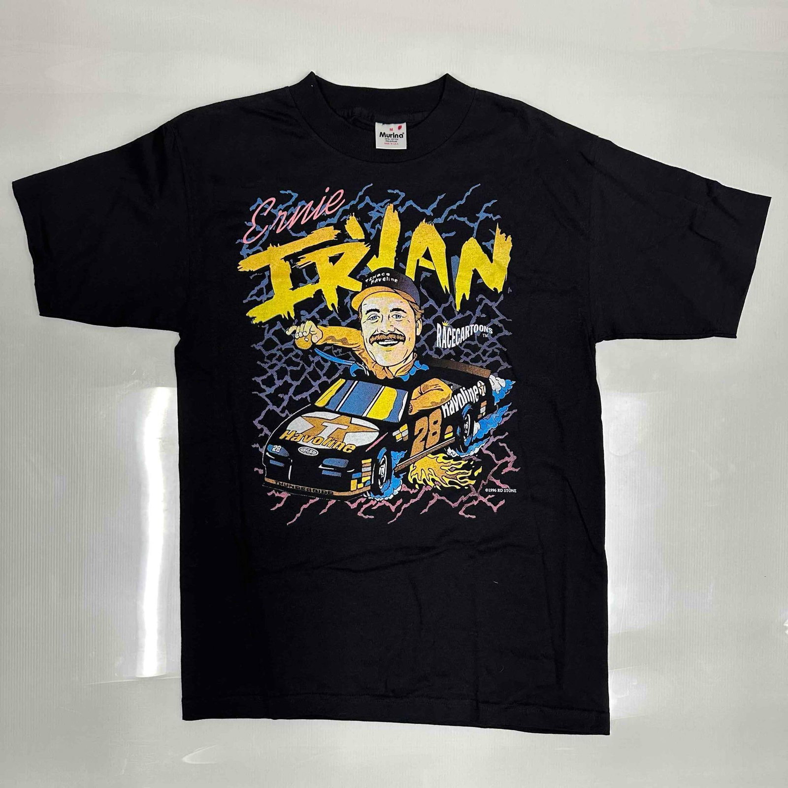 Ernie Irvan Racing Tee NASCAR Vintage Black T-Shirt Race Cartoons Shirt: Ernie Irvan Racing Tee NASCAR Vintage Black T-Shirt Race Cartoons Shirt. This item is in good pre-owned, previously displayed condition with light wear, surface stains, and discoloring. Please re