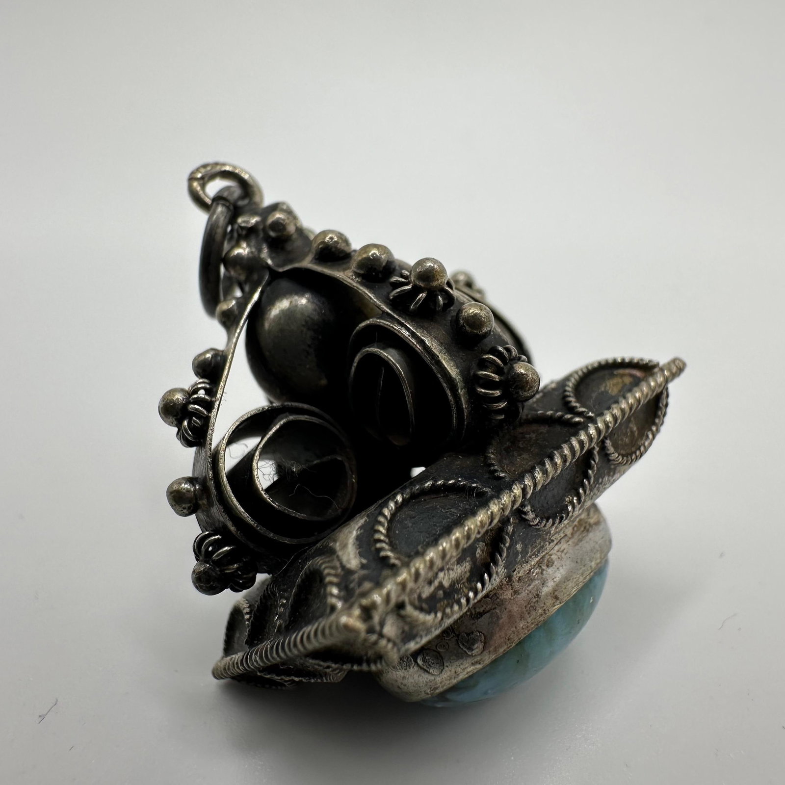 Chrysocolla Blue Stone Setting 800 Silver Ornate Silverwork Charm X69