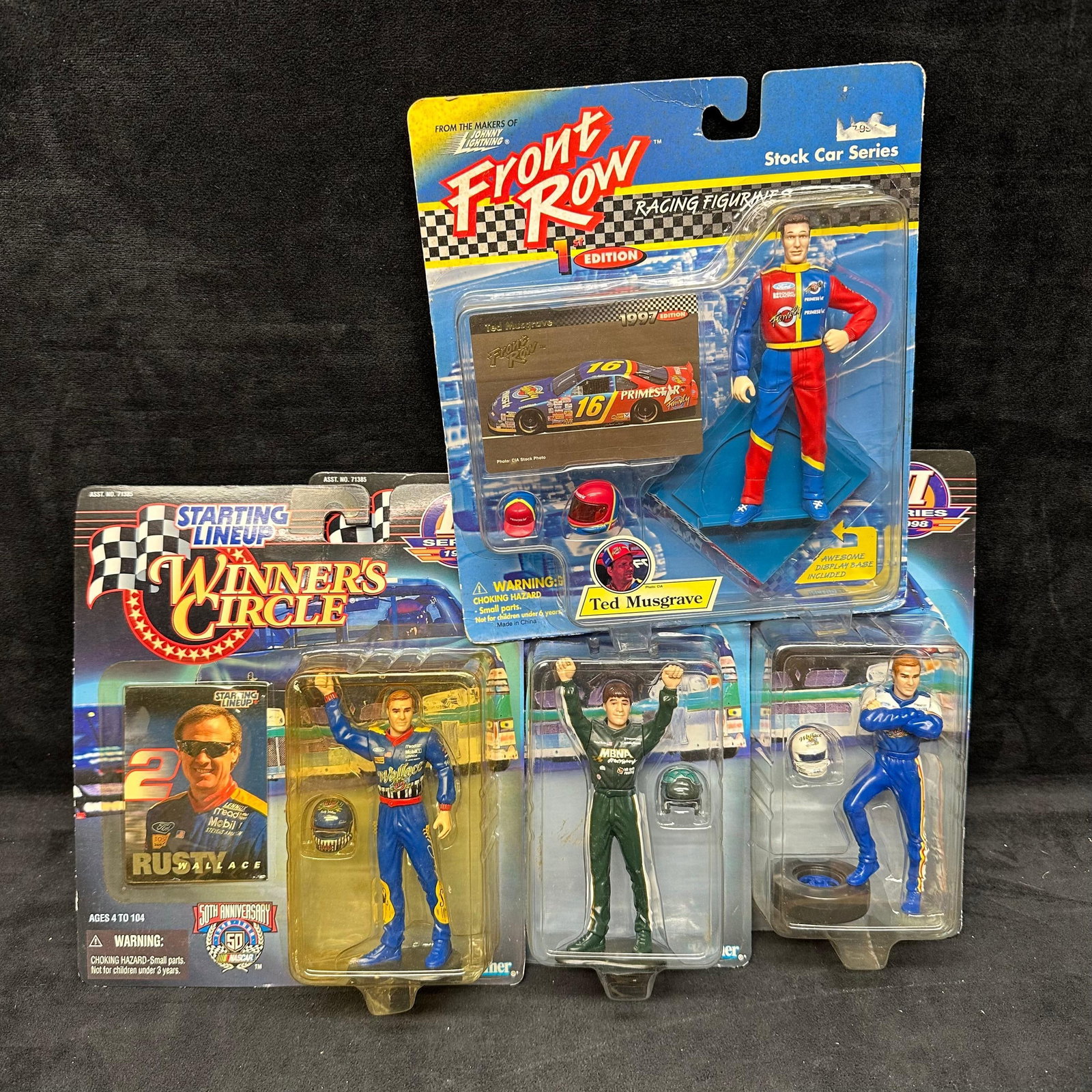 Nascar Racing Figure Lot Front Row Ted Musgrave Rusty Wallace Winners Circle: A group of NASCAR racing figure collectibles, including Front Row Ted Musgrave 1997 edition and Starting Lineup Winners Circle figures featuring Rusty Wallace and others. All figures are new in origin