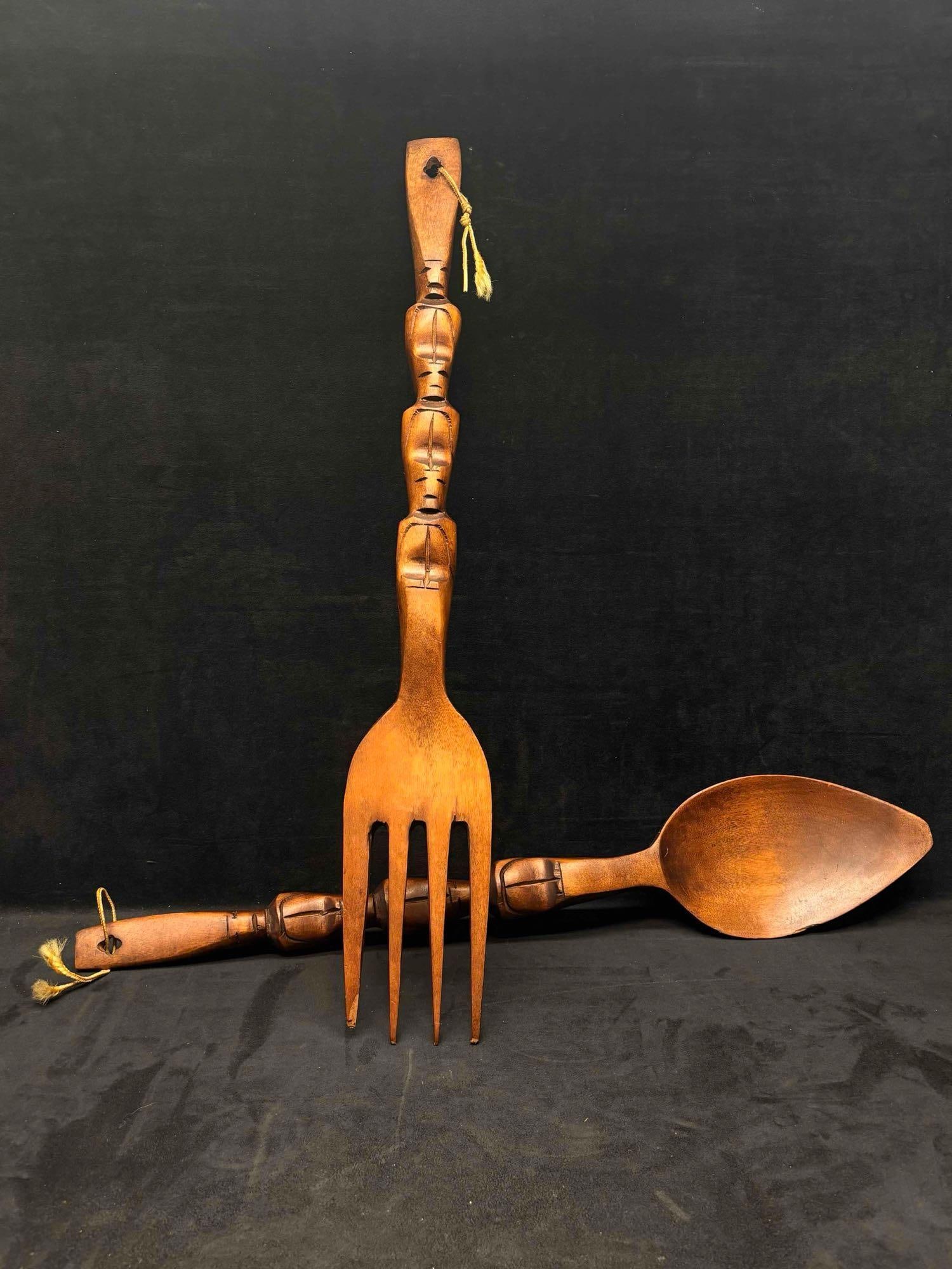 Filipino Tiki Style Handcarved Wooden Spoon and Fork Wall Decorations