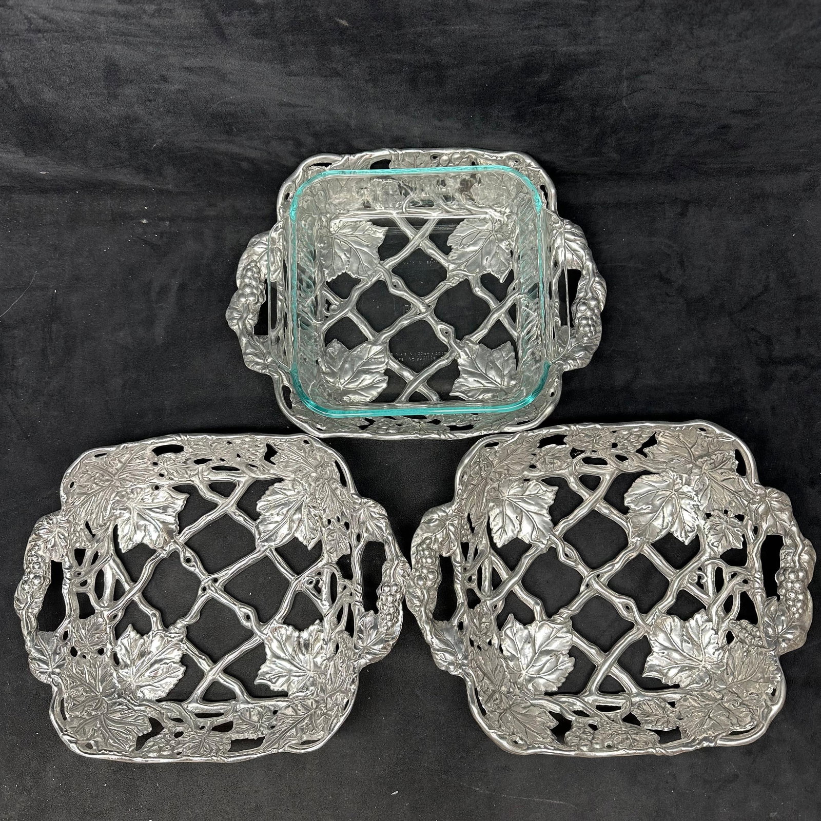 Arthur Court Grape Pattern Aluminum Casserole Tray Holders With Pyrex Dish (1 of 11)