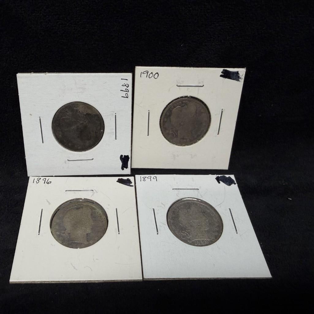 Lot of 4 US Silver Barber Quarters: These coins have been tested and researched to the best of our ability prior to listing. Please view photos, as they are a part of the condition. DETAILS: Metal - .900 Silver Tested - Yes Si