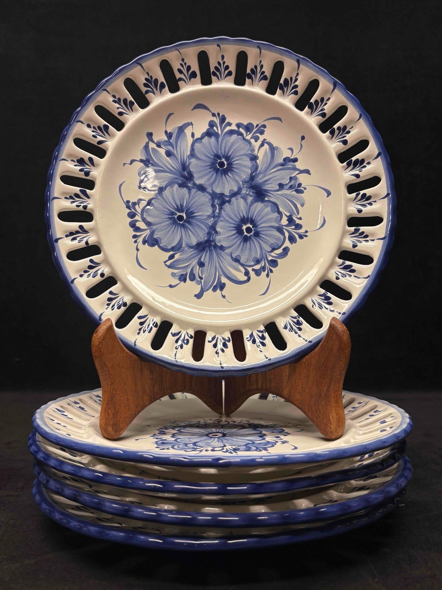 5pc Vintage Blue and White Vestal Alcobaca Portugal Ceramic Luncheon Plate Set: Handmade in Portugal, this ceramic plate features a floral pattern in blue and white, inspired by traditional Portuguese pottery. It is a unique and original piece, each plate slightly different from 