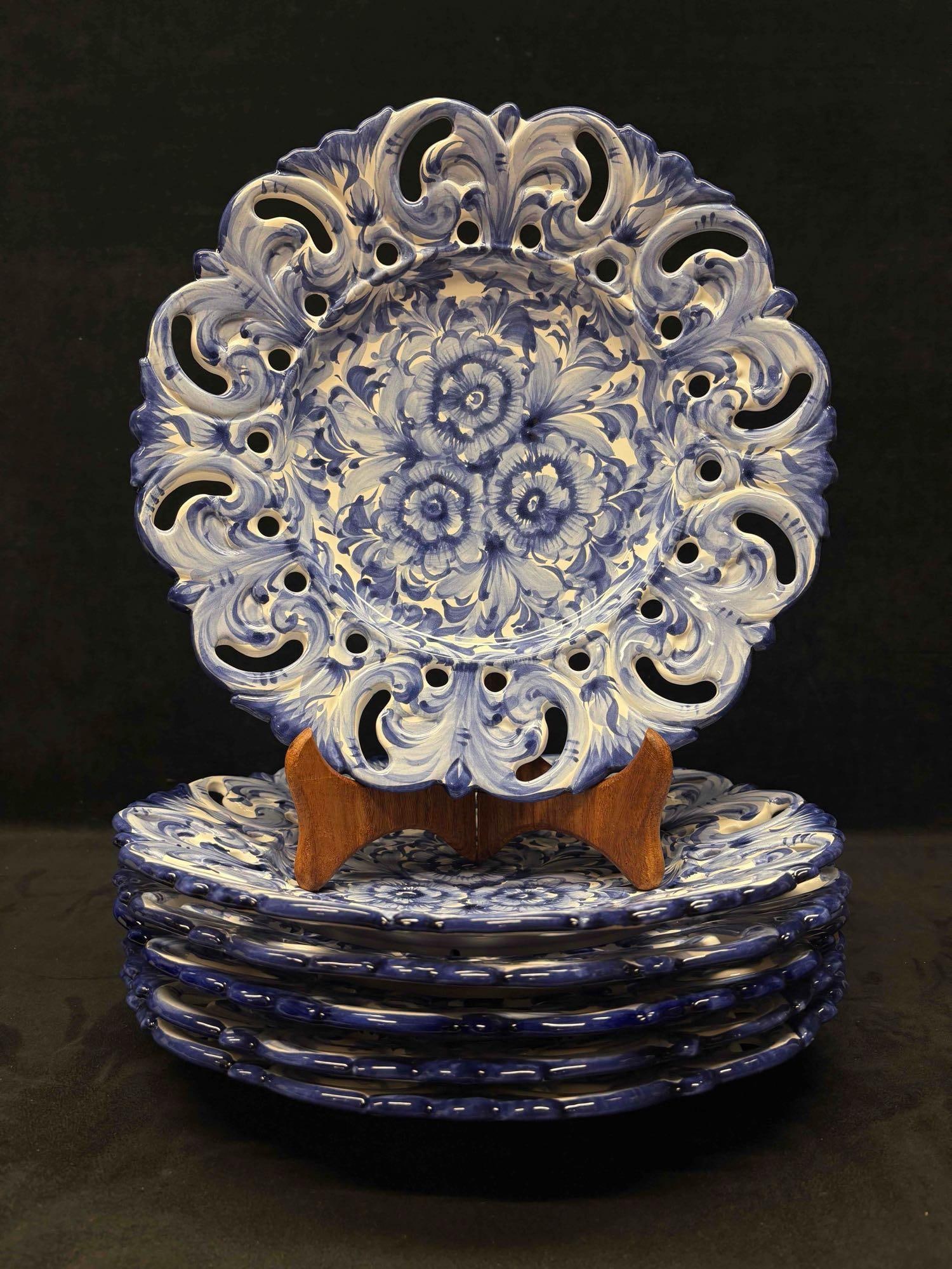6pc Vintage Blue and White Vestal Alcobaca Portugal Ceramic Serving Plate Set: Handmade in Portugal, this ceramic plate features a floral pattern in blue and white, inspired by traditional Portuguese pottery. It is a unique and original piece, each plate slightly different from 