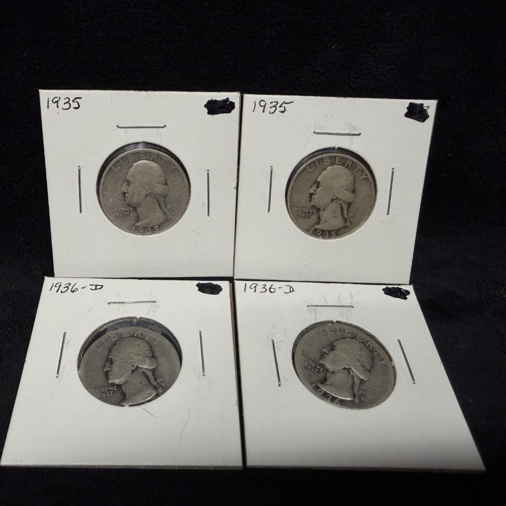 4 Washington US Silver Quarters 1935-1936: These coins have been tested and researched to the best of our ability prior to listing. Please view photos, as they are a part of the condition. DETAILS: Metal - .900 Silver Tested - Yes Si