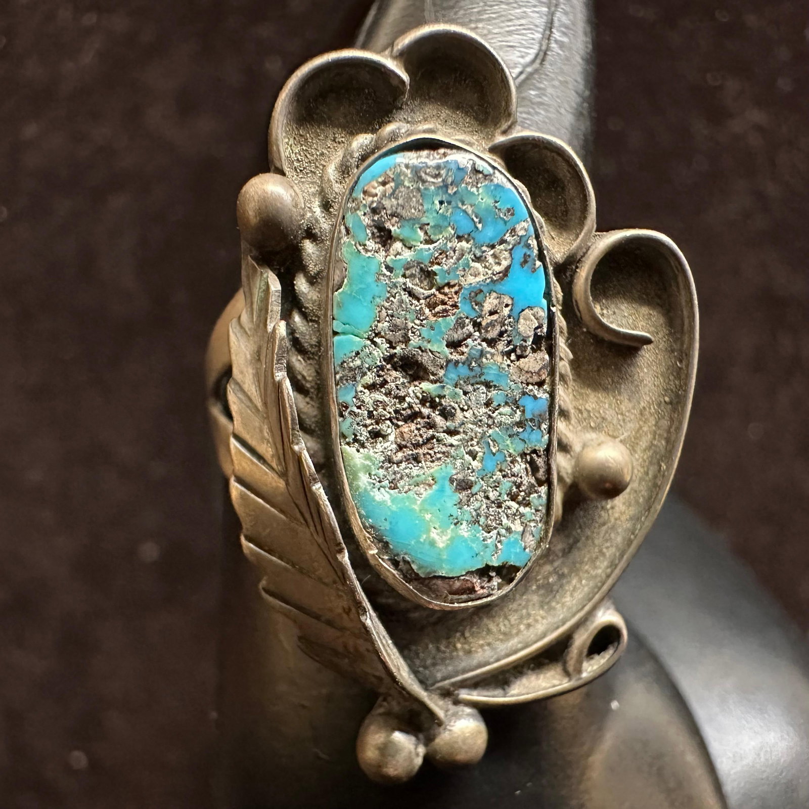 Natural Turquoise In Matrix Navajo Style Silver Ring Feather Motif