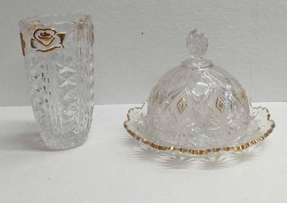 Vintage Glass Butter Plate With Top And Anna Hutte Crystal Vase: Vintage Glass Butter Plate With Top And Anna Hutte Crystal Vase. This lot includes: (1) Vintage Gold And Glass Trim Butter Or Cheese Plate With Top. The maker and date of creation is unknown. The dish