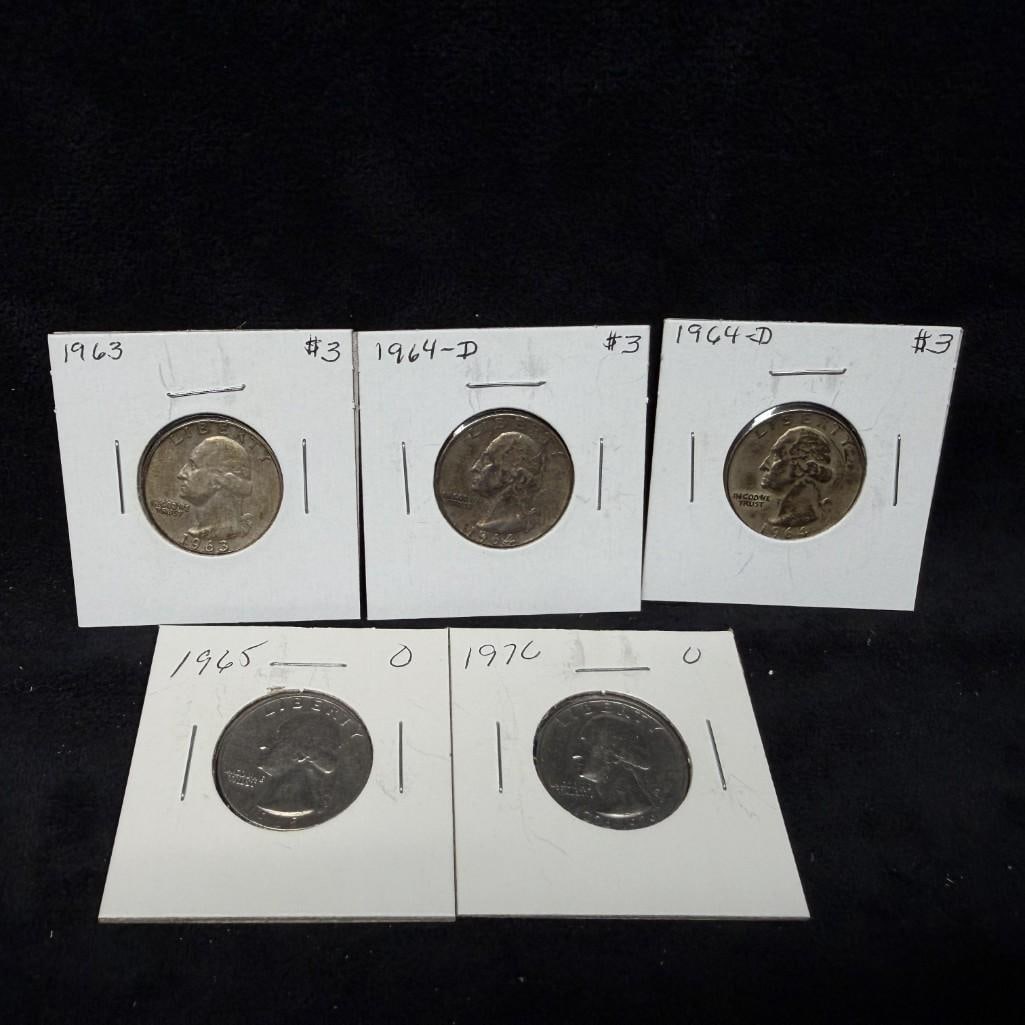 5 US Washington Quarters 1963-1965, 1976 (1 of 2)