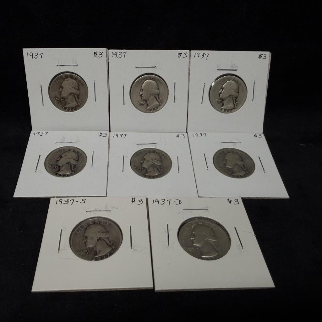 8 US Washington Silver Quarters 1937 (1 of 2)