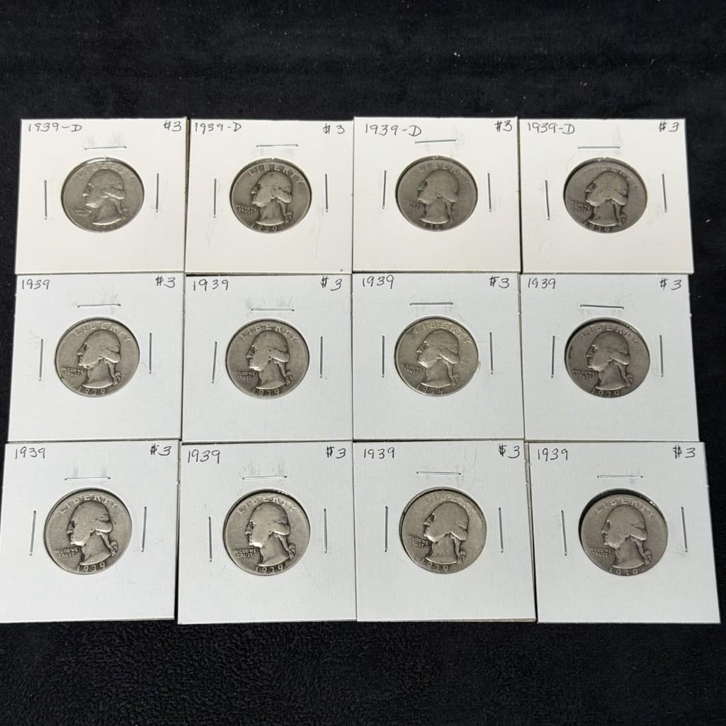 12 US Silver Washington Quarters 1939: These coins have been tested and researched to the best of our ability prior to listing. Please view photos, as they are a part of the condition. DETAILS: Metal - .900 Silver Tested - Yes