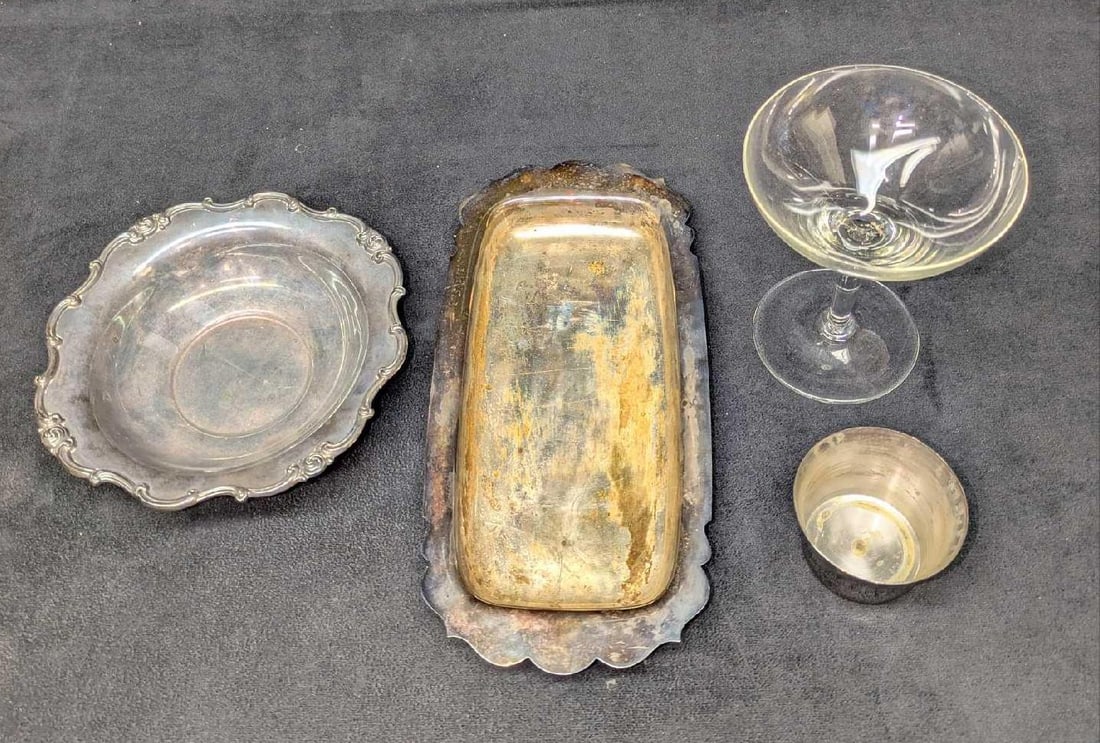 Vintage Silver Plated Bowl Cup Butter Plate And Glass Champagne Glass: Vintage Silver Plated Bowl Cup Butter Plate And Glass Champagne Glass. This lot includes: (1) Gorham Silver Plated Electroplated Bowl. This is approx 6 3/8" x 6 3/8" x 1 1/4". (1) F.B.