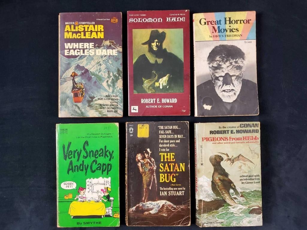 6 Comedy Fantasy And Action Paperback Books: This lot includes paperbacks, all in good, vintage condition with minor shelf-wear and page/yellowing. See listing for any extra notes on individual conditions. (1) Very Sneaky, Andy Cap by Reg