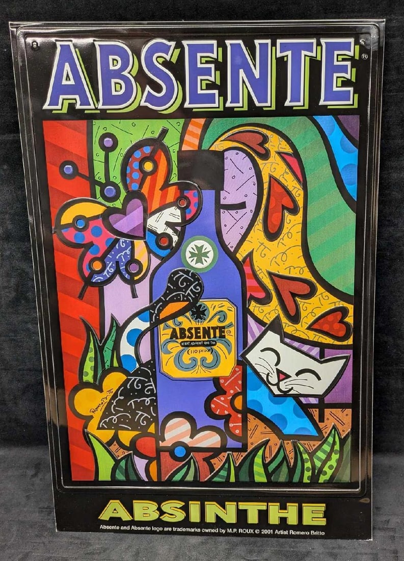 Absente Absinthe Metal Poster By Romero Britto: Absente Absinthe Metal Poster By Romero Britto. The poster has a light metal front and a cardboard backing. This is approx 16 1/2" x 25" and it weighs 1lb. There are some creases on the corners.