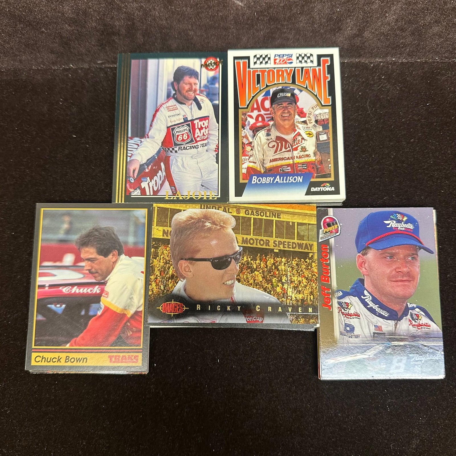 NASCAR Racing Trading Card Lot 100 Cards Maxx Finish Line Traks: A lot of approx. 100 NASCAR trading cards featuring drivers, including Chuck Bown, Ricky Craven, Ernie Irvan, Jeff Burton, and others: mixed sets, loose cards, varying condition. The lot includes