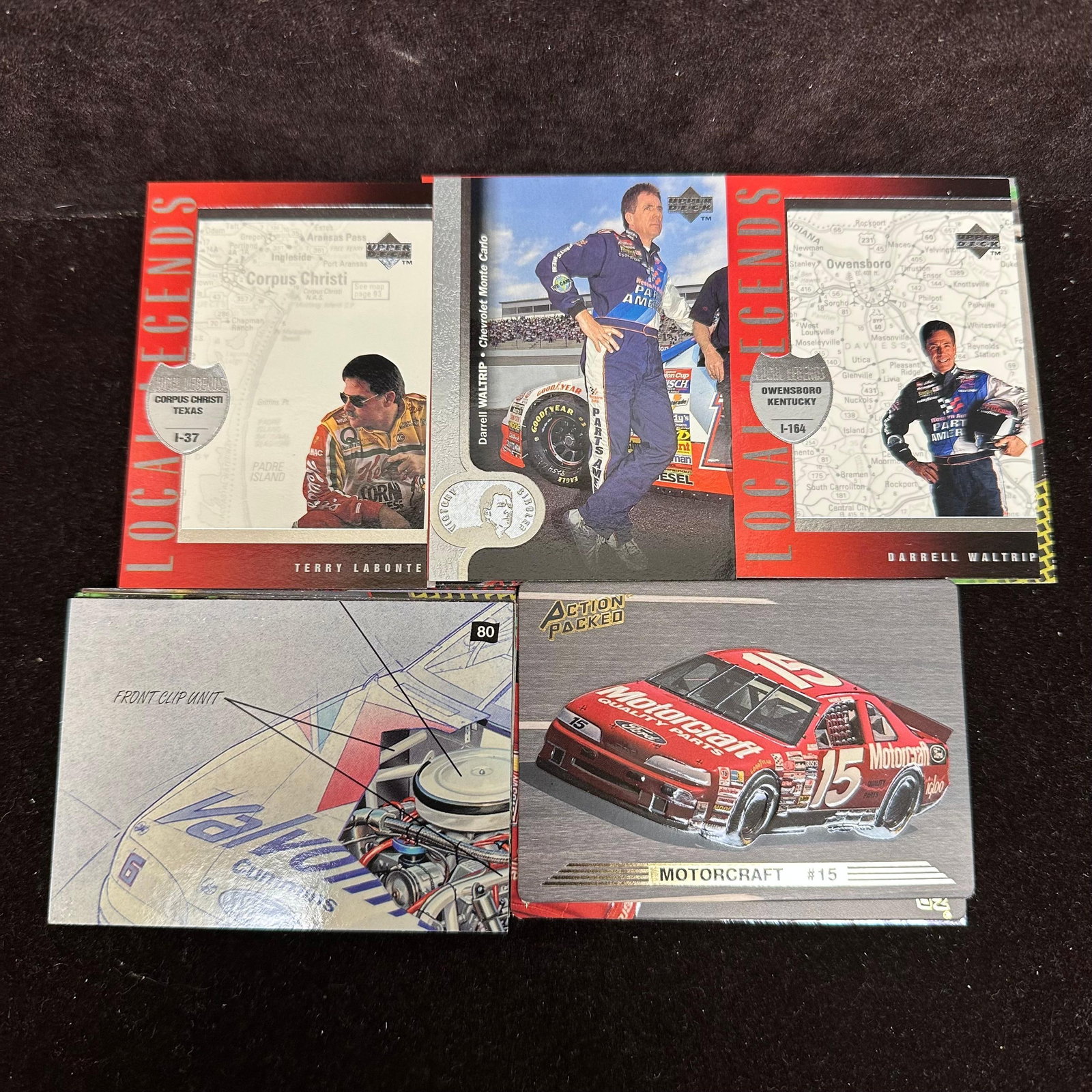 NASCAR Racing Trading Card Lot 100 Cards Upper Deck Action Packed: A lot of approx. 100 NASCAR trading cards featuring drivers, including Darrell Waltrip, Terry Labonte, Ernie Irvan, Steve Grissom, and others: mixed sets, loose cards, varying condition. The lot