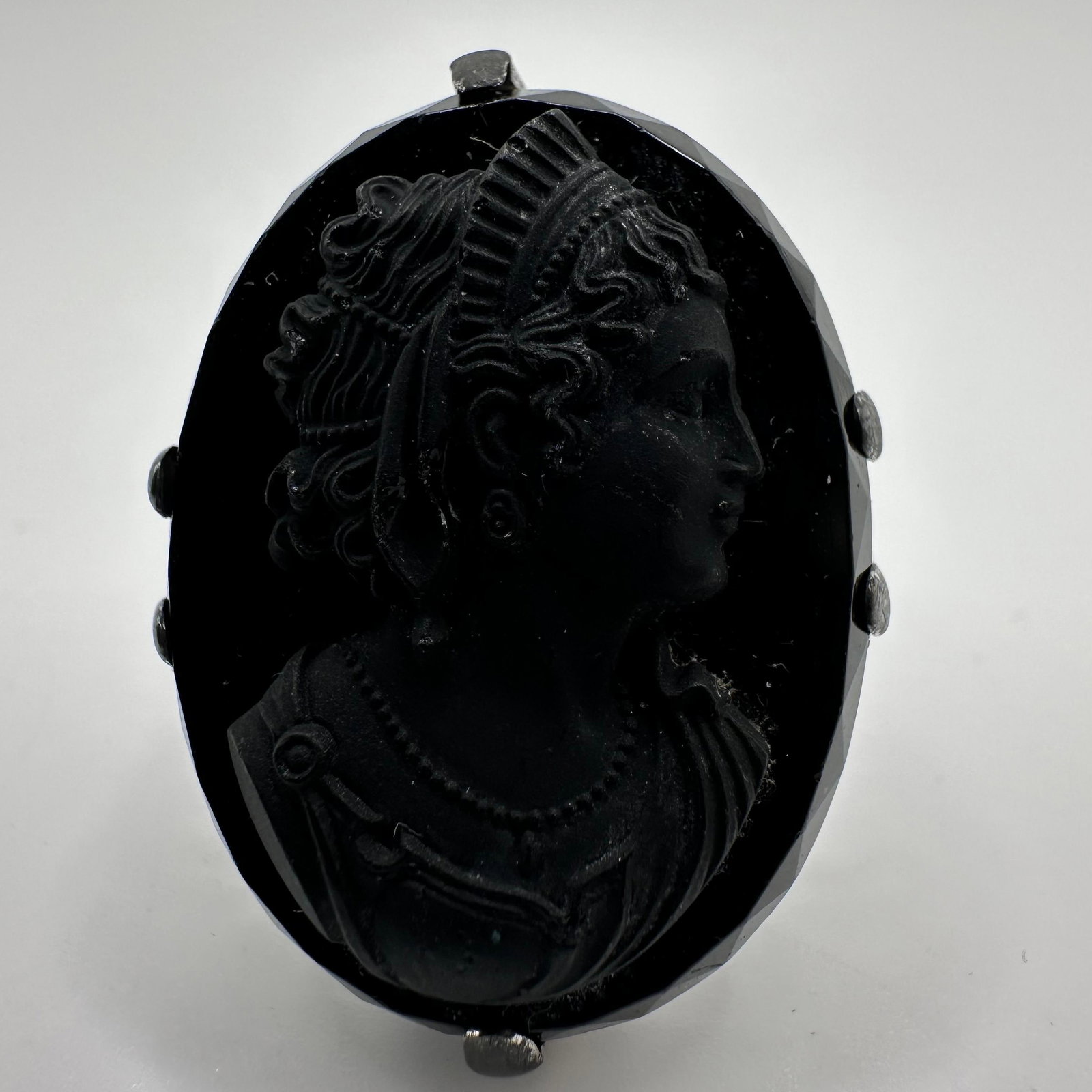 Carved Black Glass Cameo Sterling Ring Bent Jewelry: This item is in good pre-owned, previously used/displayed condition with noticeable light wear and surface scratches. Please reference all photos for full details. The ring is bent and showing heavy