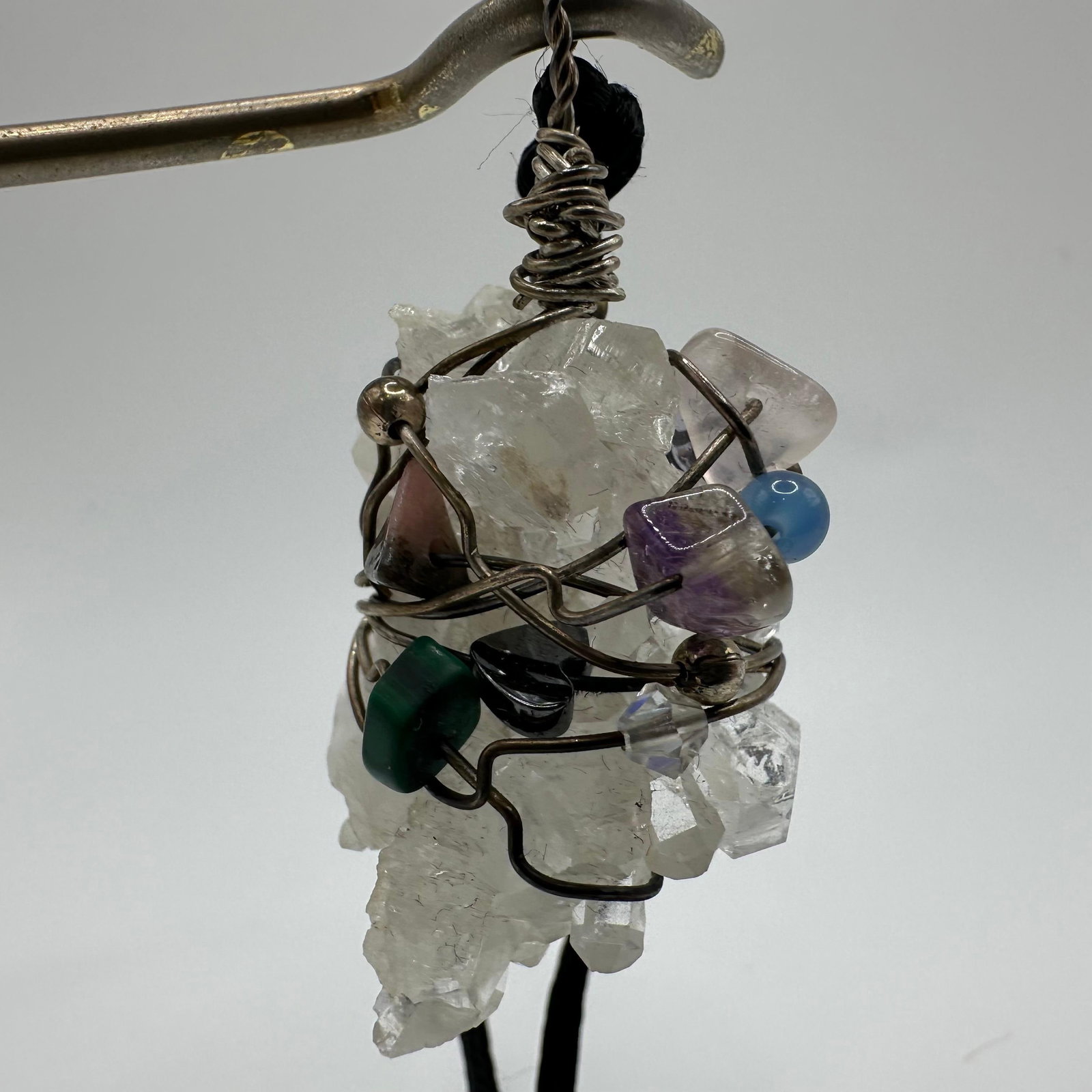 Handmade Silverwork Wire Wrapped Crystal Accent Gemstone Pendant Chakra Style