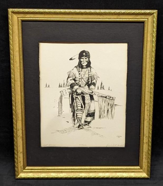 Framed Daniel D Nicholas LE Blackfoot Warrior Print: Framed Daniel D Nicholas LE Blackfoot Warrior Print. Based on an original which the artist did in 1975. The print is signed and numbered by the artist. This is #583 out of #1500. The framed print is a