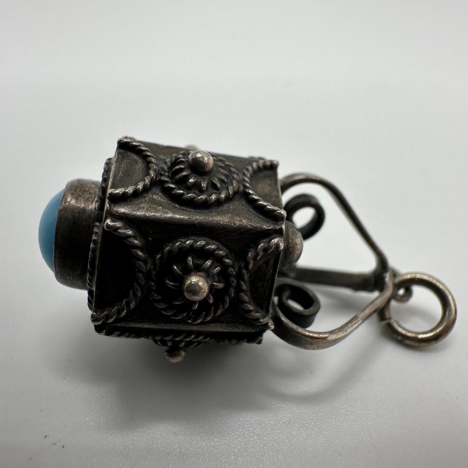 Ornate Filigree Etruscan Revival Style Silver Fob Charm Blue Stone: This item is in good pre-owned, previously used/displayed condition with noticeable light wear and surface scratches. Please reference all photos for full details. This piece of jewelry has been teste