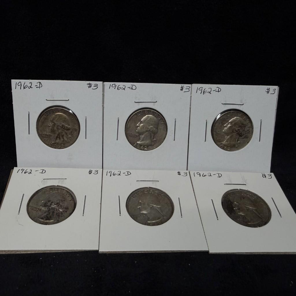 6 US Washington Silver Quarters 1962 (1 of 2)