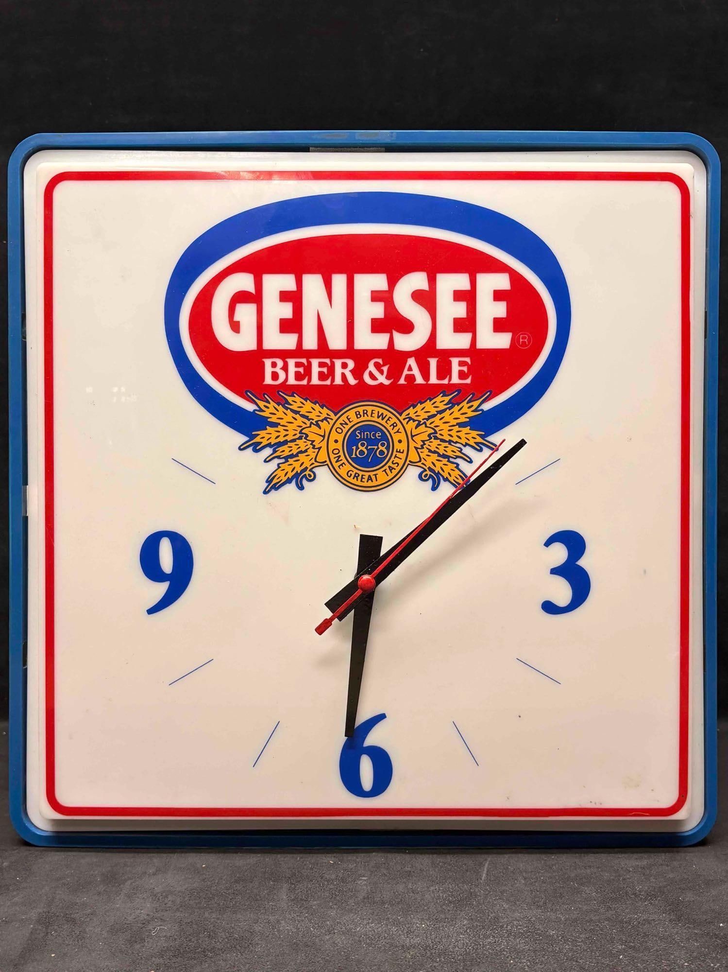 Vintage Genesee Beer & Ale Advertising Clock and Bar Light: Produced between the mid century to 1980s; this vintage bar light and clock has been tested. The LED strip on its inner perimeter lights up and changes rainbow colors upon plugging in. Minor scra