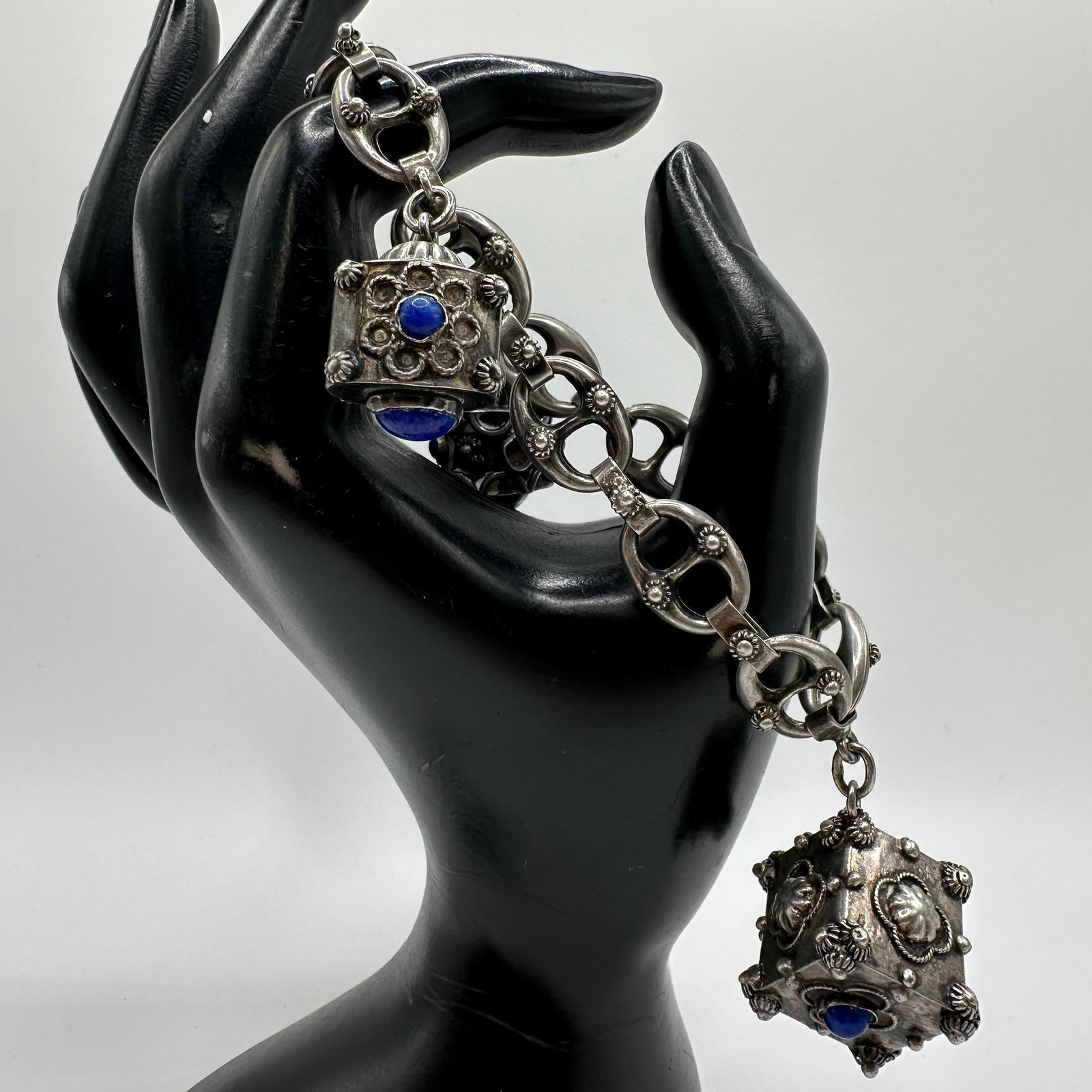 Three Ornate Lapis Cabochon Floral Motif Bracelet 800 Silver X63 (1 of 12)