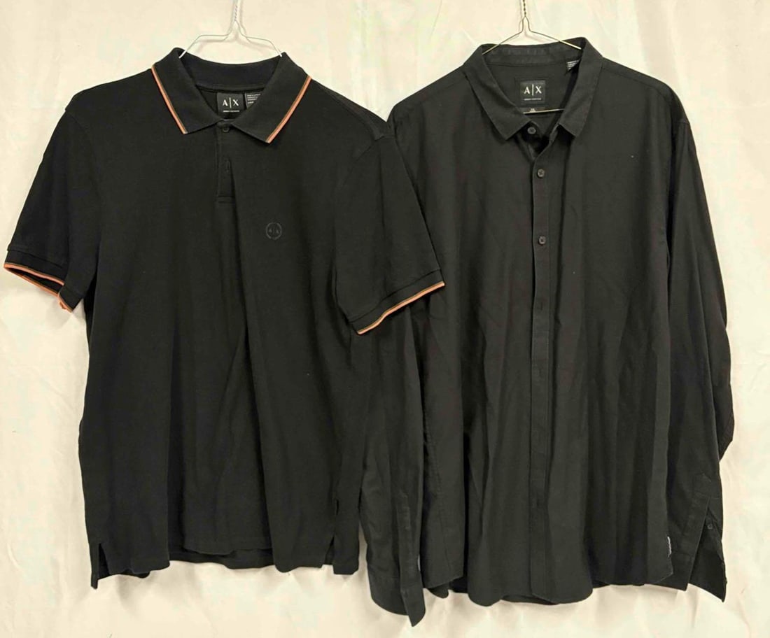 2PC Armani Exchange Black Button Down and Polo Mens Shirt Bundle: This lot contains two (2) Black Armani Exchange Men's Shirt, both standing in like-new conditions. Please refer to images for more context of the shirt's conditions. Sizing listed below. LOT C