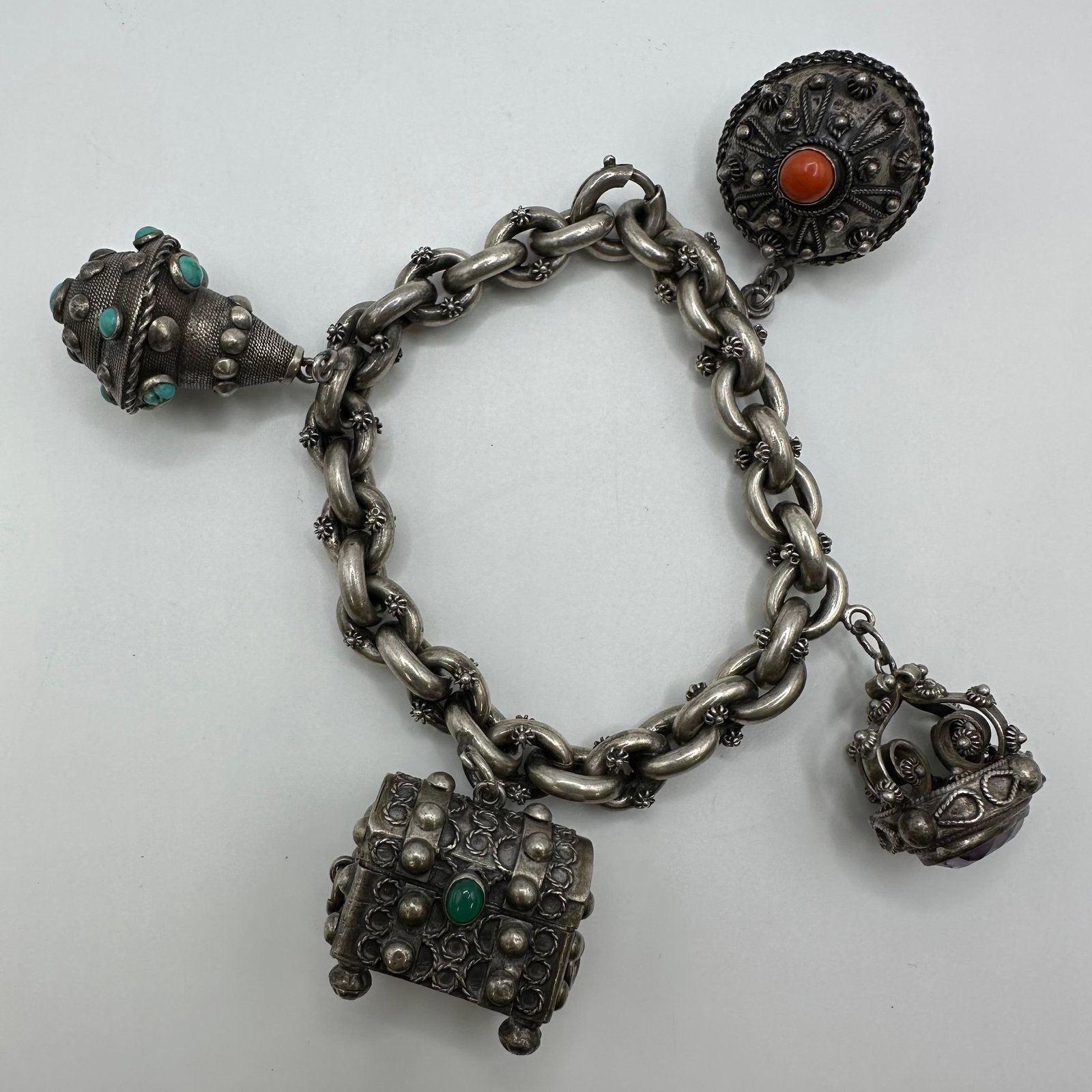 Etruscan Revival Style Ornate Cabochon Stone Trinket Box Charm 800 Silver Bracelet X64