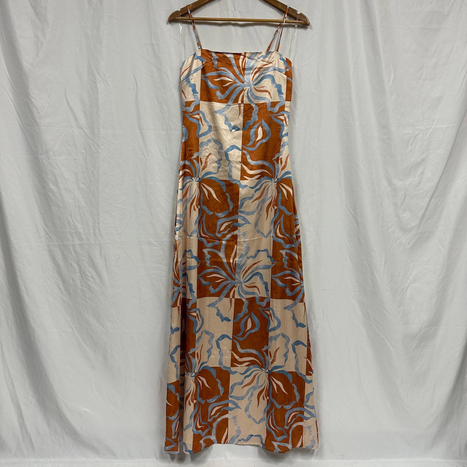 Peppermayo Sleeveless Orange Blue Floral Aster Bloom Maxi Dress Size 4 Small: Peppermayo sleeveless maxi dress featuring an allover floral print in warm brown, tan, and blue tones. Spaghetti straps with a straight neckline. Lightweight, silky fabric with a soft drape. Fully lin