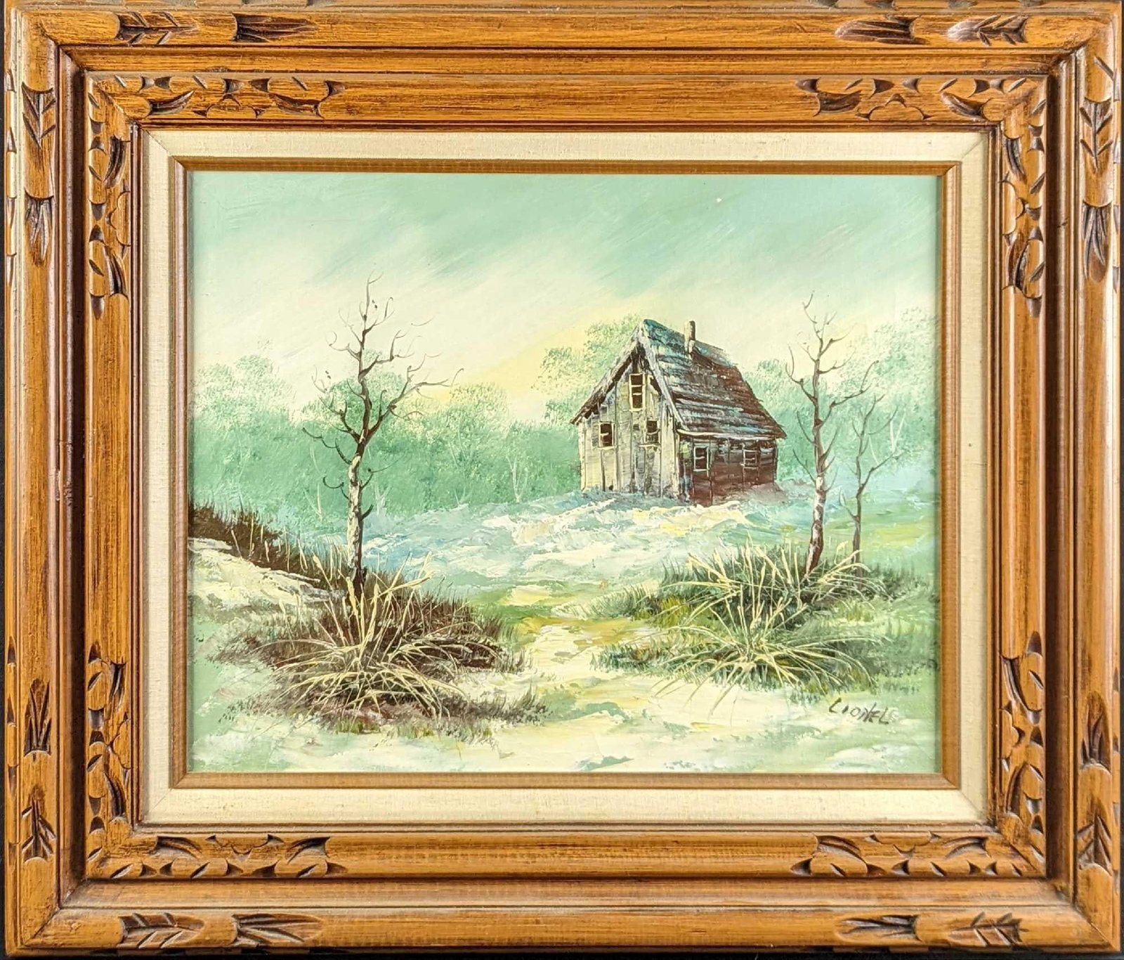 Vintage Framed Acrylic On Canvas Snowy Cabin: Vintage Framed Acrylic On Canvas Of A Single Cabin During Winter. The original is signed by the artist on the bottom right. It appears to be "Lionel". The framed original is approx 28 1/2" x 2" x 25" 