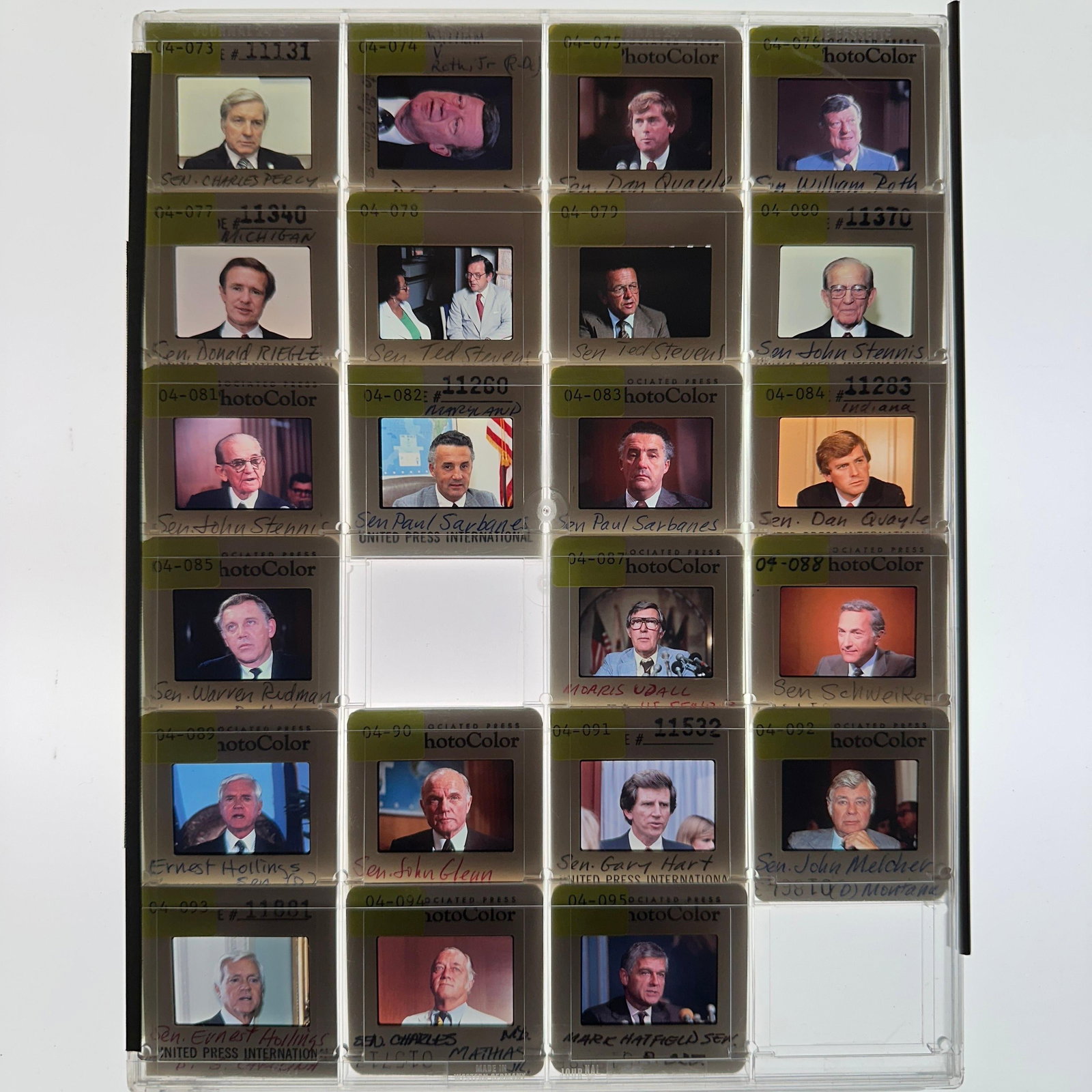 US Senate and Political Press Photo Slide Transparency Collection 22 Slides: Collection of vintage color press photo slide transparencies featuring U.S. senators and political figures, including Dan Quayle, John Glenn, Ted Stevens, Paul Sarbanes, Charles Percy, Ernest Hollings