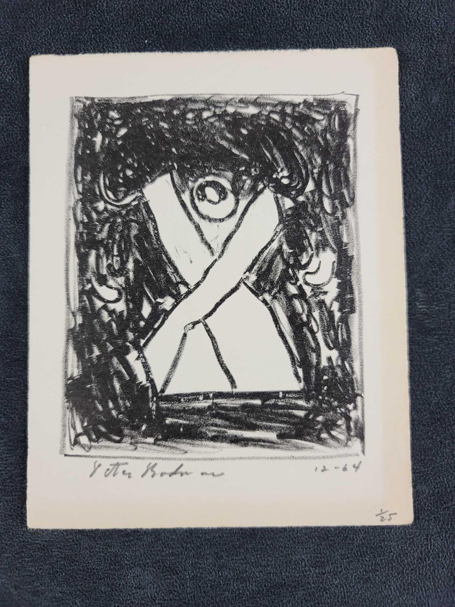 Peter Bodnar Lithograph: Peter Bodnar lithograph limited edition, signed on the bottom, no COA. Numbered 1/25. In good condition, refer to photos for line along right side. Approx. measures 5 3/4"x 7 1/4" An abstract 