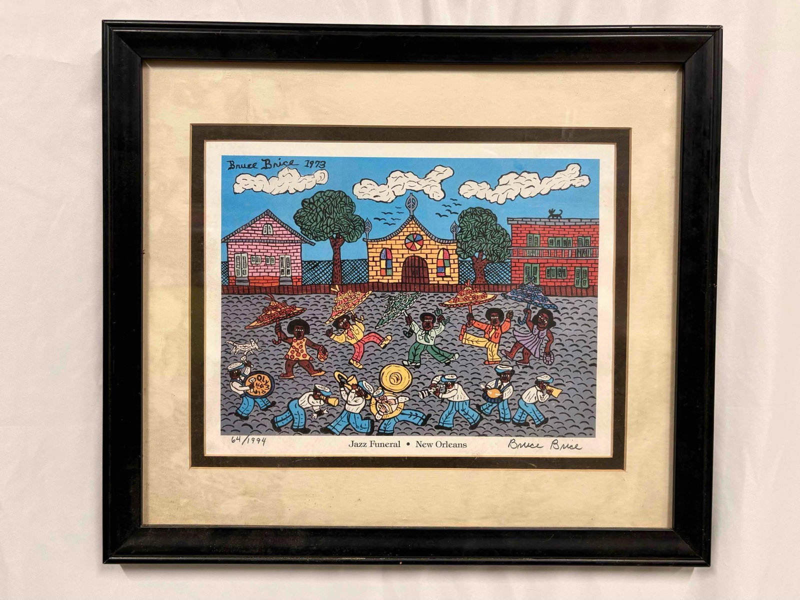 Jazz Funeral New Orleans by Bruce Brice 1973 Print: This is a print of Jazz Funeral - New Orleans by Louisiana Folk Artist Bruce Brice, created back in 1973. This artist is a New Orleans native, known for depicting the community's celebrations.