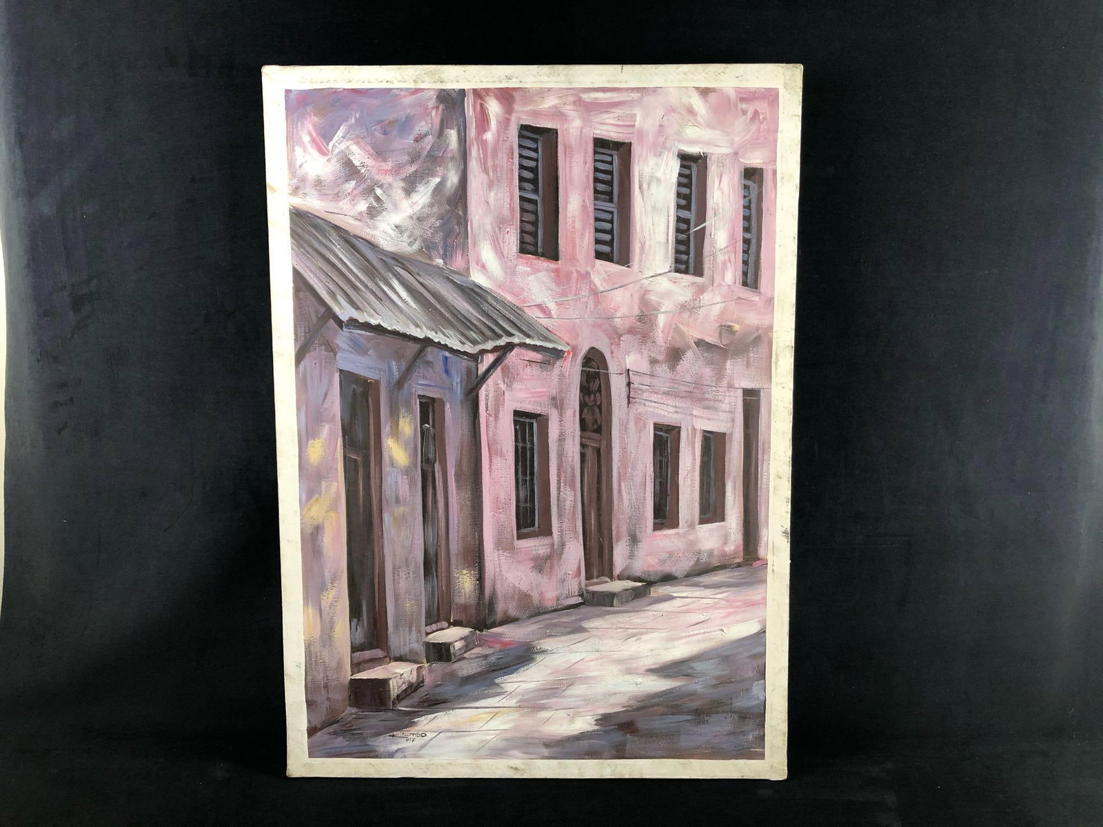 Original Oil On Canvas Signed Kitumbo "Stone Town" Zanzibar Painting: Original Oil On Canvas Signed Kitumbo Stone Town Zanzibar Painting .This painting by Tumbatu tribe artist Kitumbo of the streets of Stone Town in Zanzibar East Africa is in very