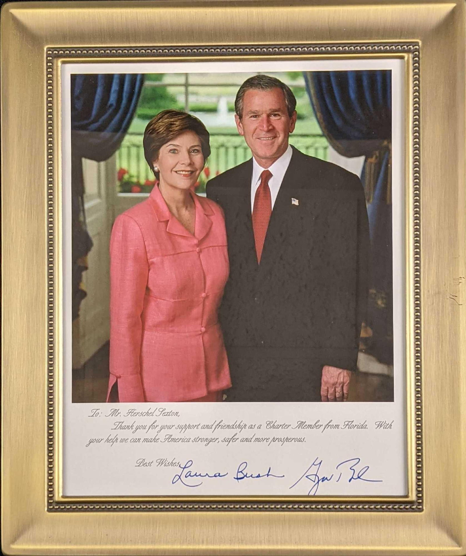 Framed George W. & Laura Bush Facsimile Autograph Print RNC: Framed RNC Photo Of George W. & Laura Bush With Printed Signatures. Was given to supporters during the 2004 election. The framed print is approx 10" x 1/2" x 12" and weighs 1.67lb. The framed pr