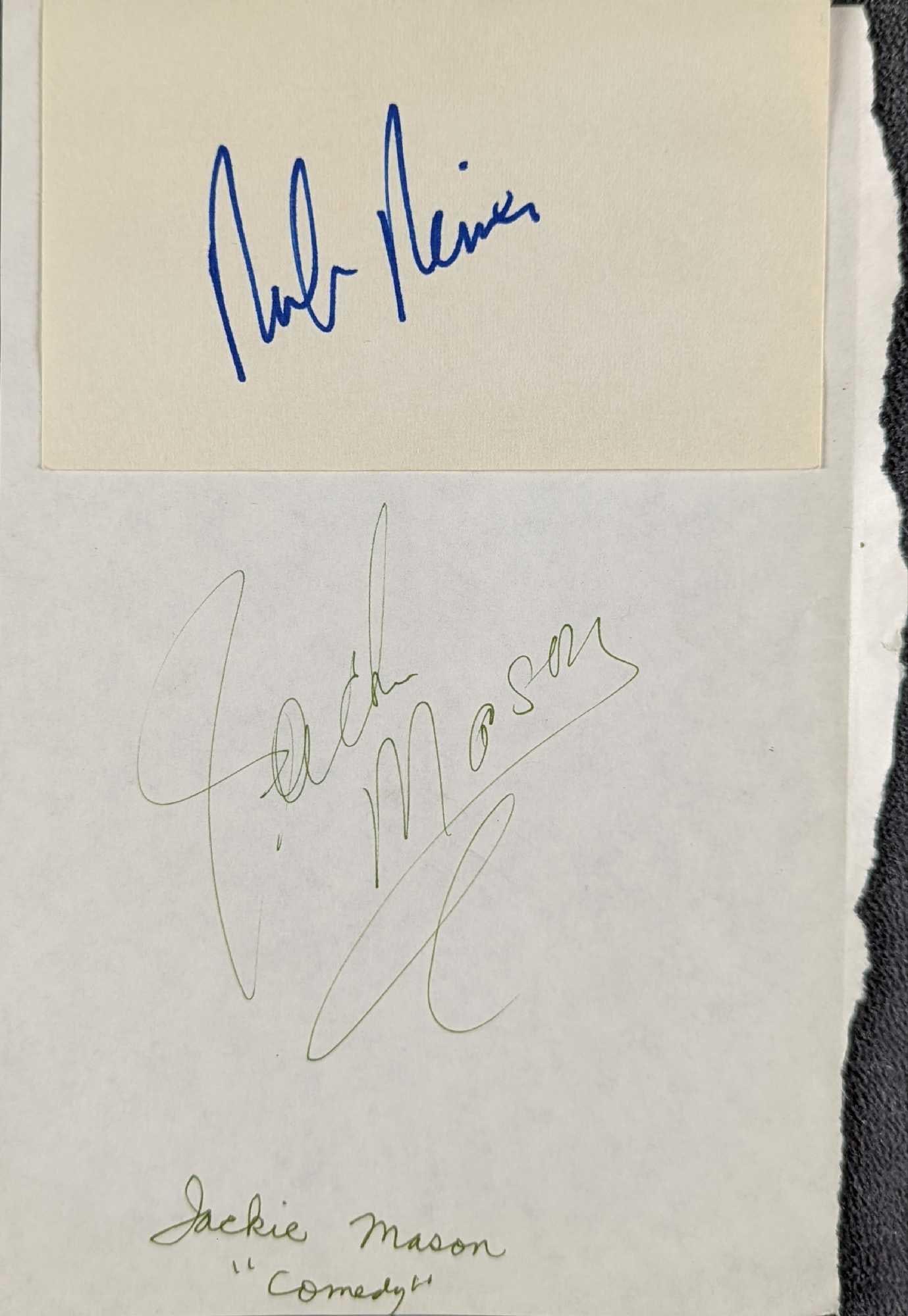 Autographed Rob Reiner & Jackie Mason Cards: This lot includes: (1) Rob Reiner autographed card. This is approx 5" x 3". (1) Jackie Mason Autographed Paper. This is approx 5 1/2" x 8 1/2". Together they weigh 0.0