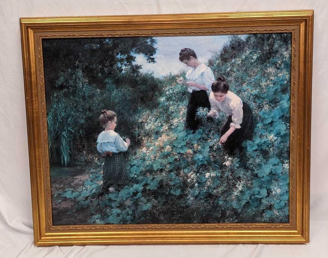 Framed Flower Girls Hermann Seeger Textured Print On Canvas: Framed Flower Girls Hermann Seeger Textured Print On Canvas. The print has a texture that mimics brush strokes. The framed canvas is approx 34 1/2" x 1 1/2" x28 1/2" and it weighs 7lbs. Th