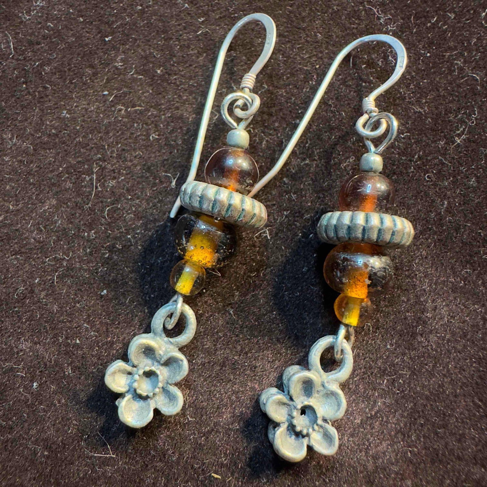 Amber Beaded Sterling Dangle Flower Accent Earrings SS95