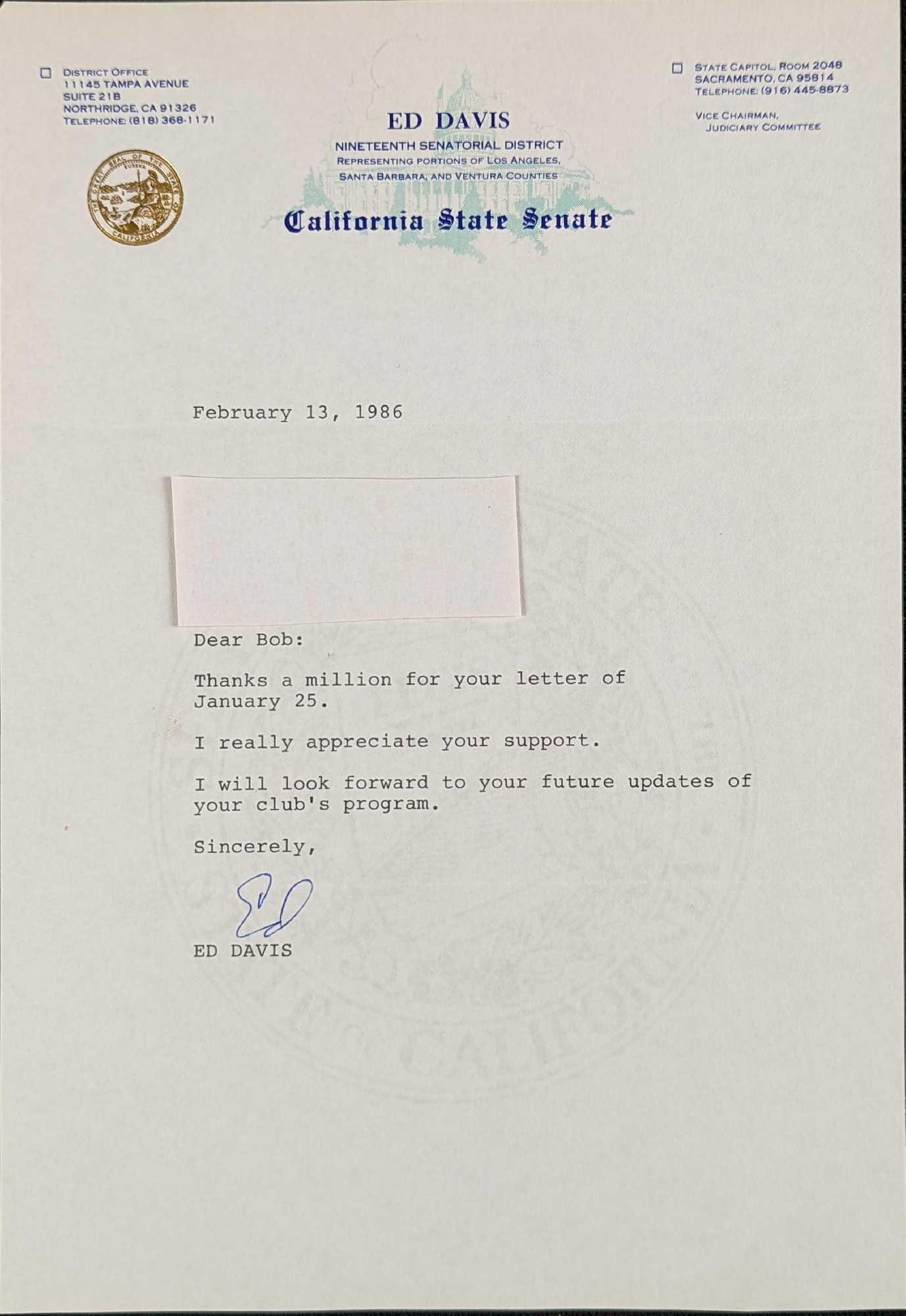 Signed California State Senate Ed Davis Letter