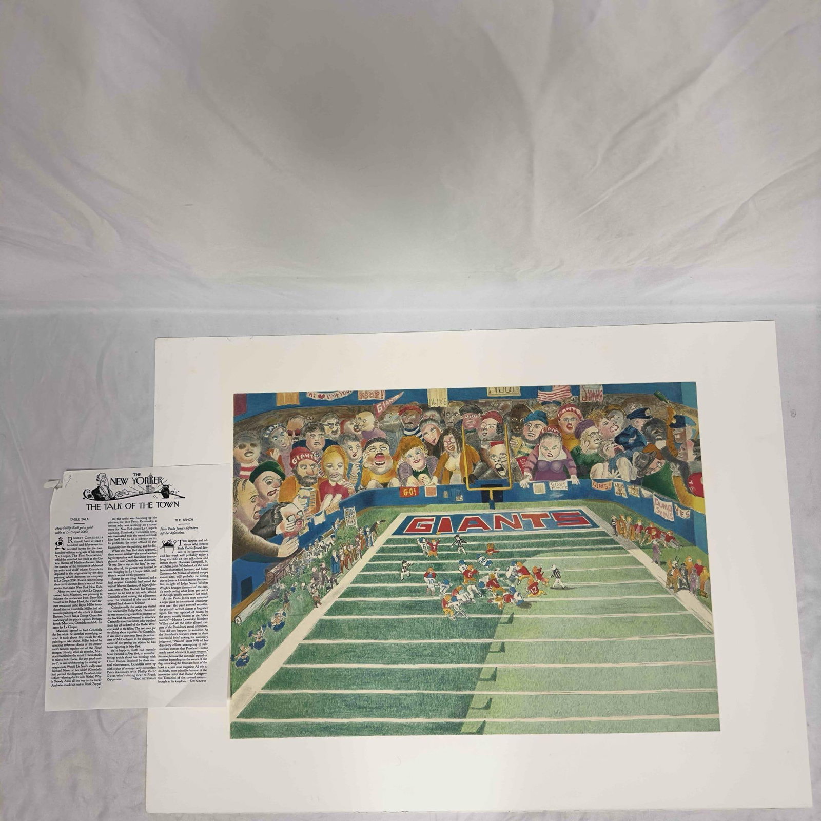 Robert Cenedella Lithograph Color Print The Giants #2: Robert Cenedella Lithograph Color Print The Giants #2. Includes one article print featuring Robert Cenedella. A few noticeable creases on the print, minor tears, and some wear on the edges. This item 